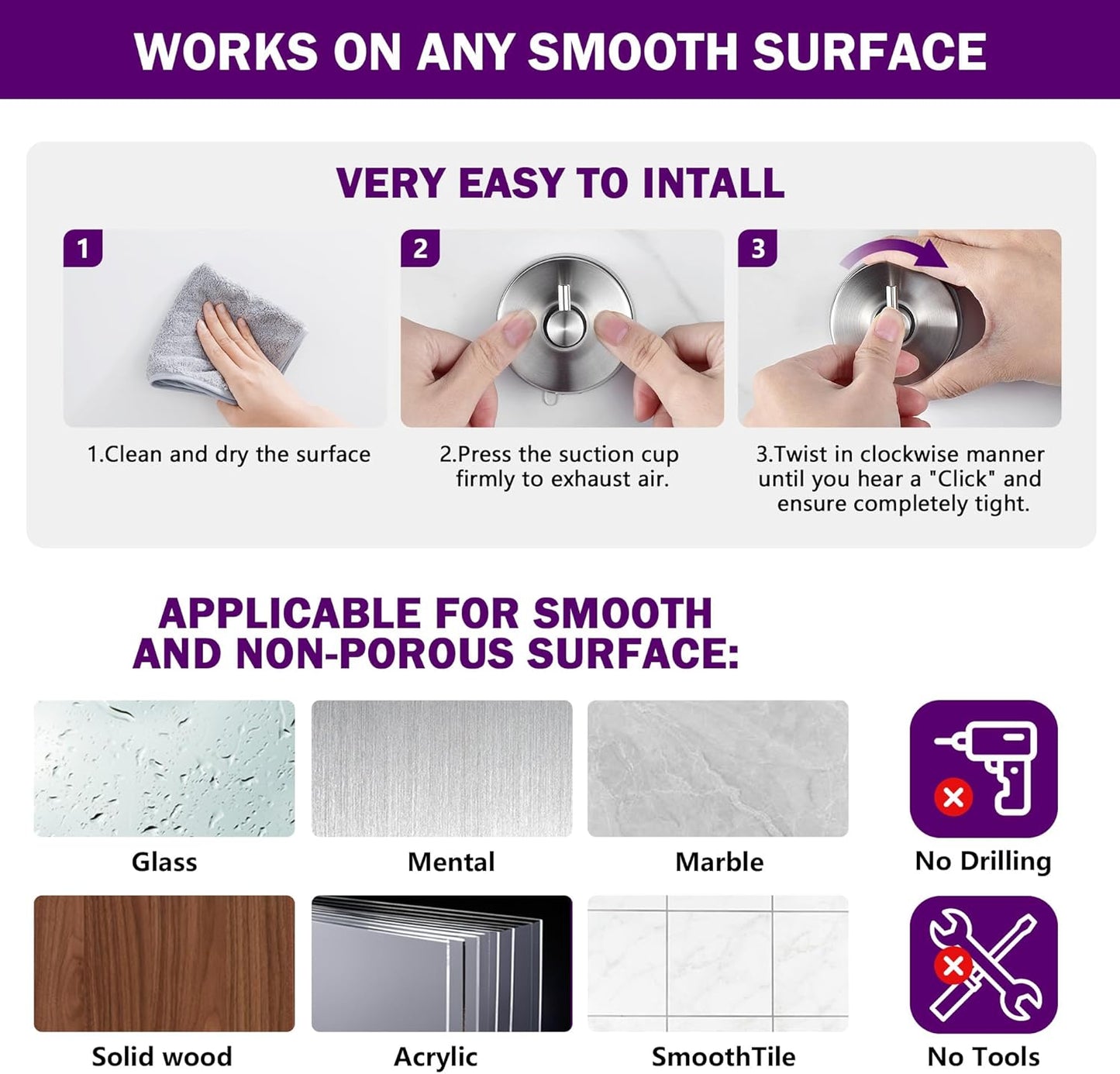 JOMOLA Brushed Stainless Steel Shower & Bathroom Hooks - No Drill Adhesive-Free Suction Cup Hardware, Rustproof Waterproof Metal Wall Mount for Towel Robe, Damage-Free (2-Pack)