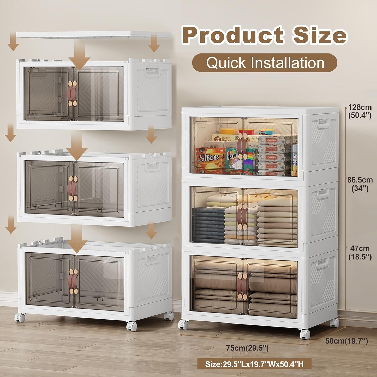 SAILUN 471QT Extra Large Collapsible Storage Bins with Wheels and Lid, Stackable Storage Bins Open Closet Organizers and Storage Storage Containers Drawers,30" L × 19.7" W × 50.4" H（3 Pack）