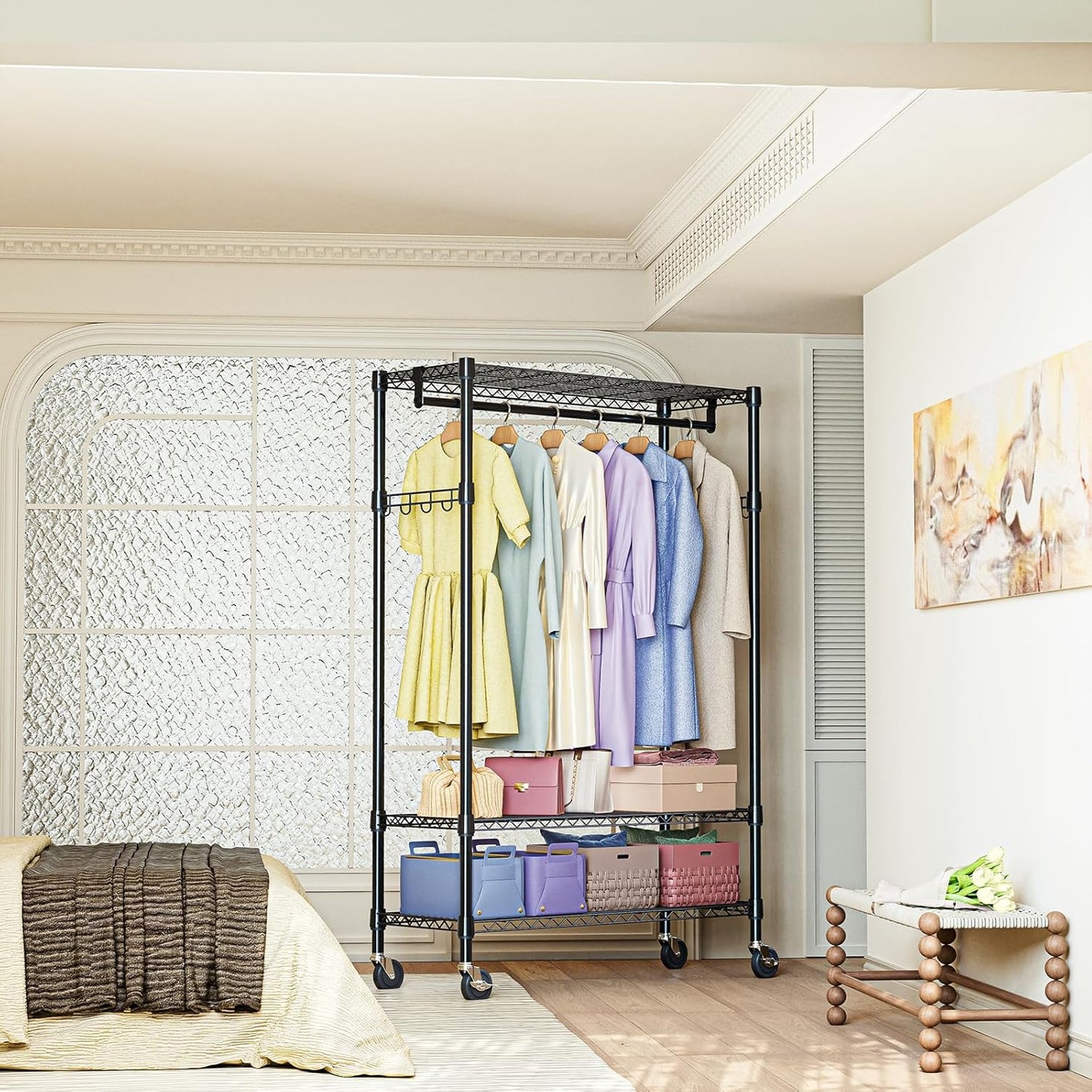 IZEUK Heavy Duty Rolling Garment Rack with 3 Adjustable Wire Shelves, 2 Hanging Rods & Side Hooks - Extra Large Mobile Clothes Rack with Wheels, 47.2" W x 17.7" D x 83.6" H, Black