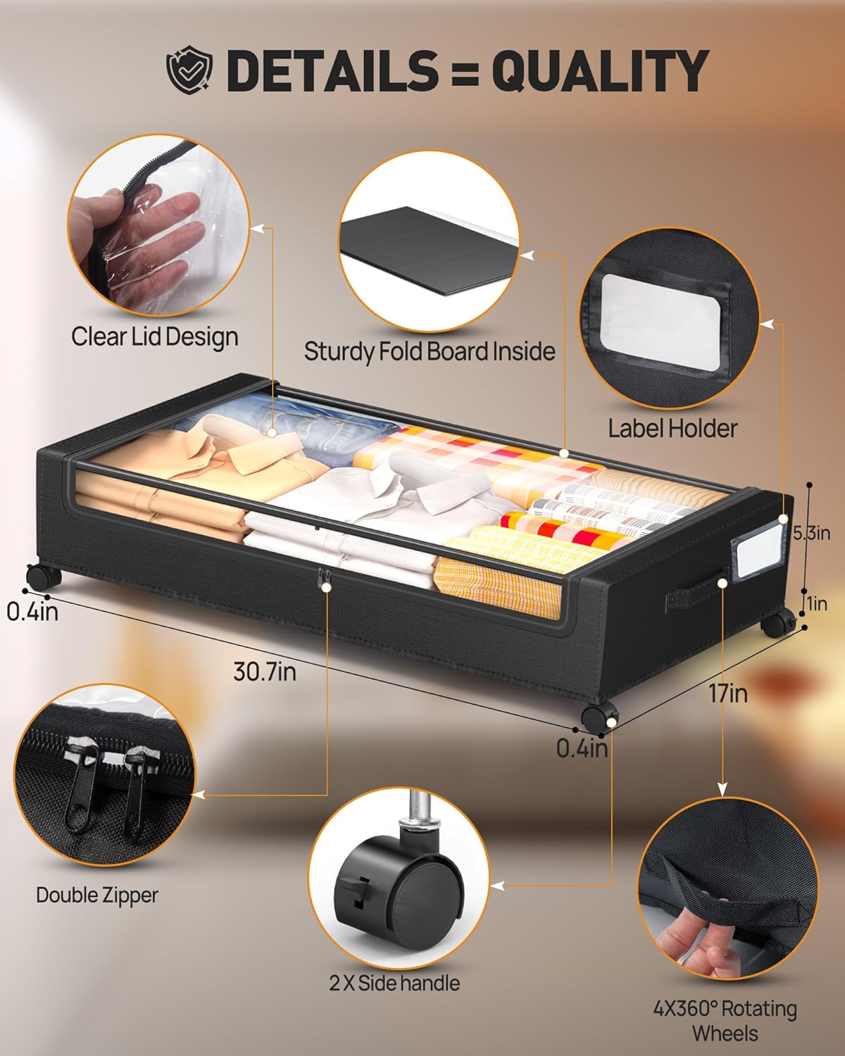 Under Bed Storage with Wheels, Square Under Bed Storage Containers, 4 Pack Under The Bed Storage Bins, 60L Under Organizer with Clear Lids, Rolling Underbed Storage For Clothes, Shoes...