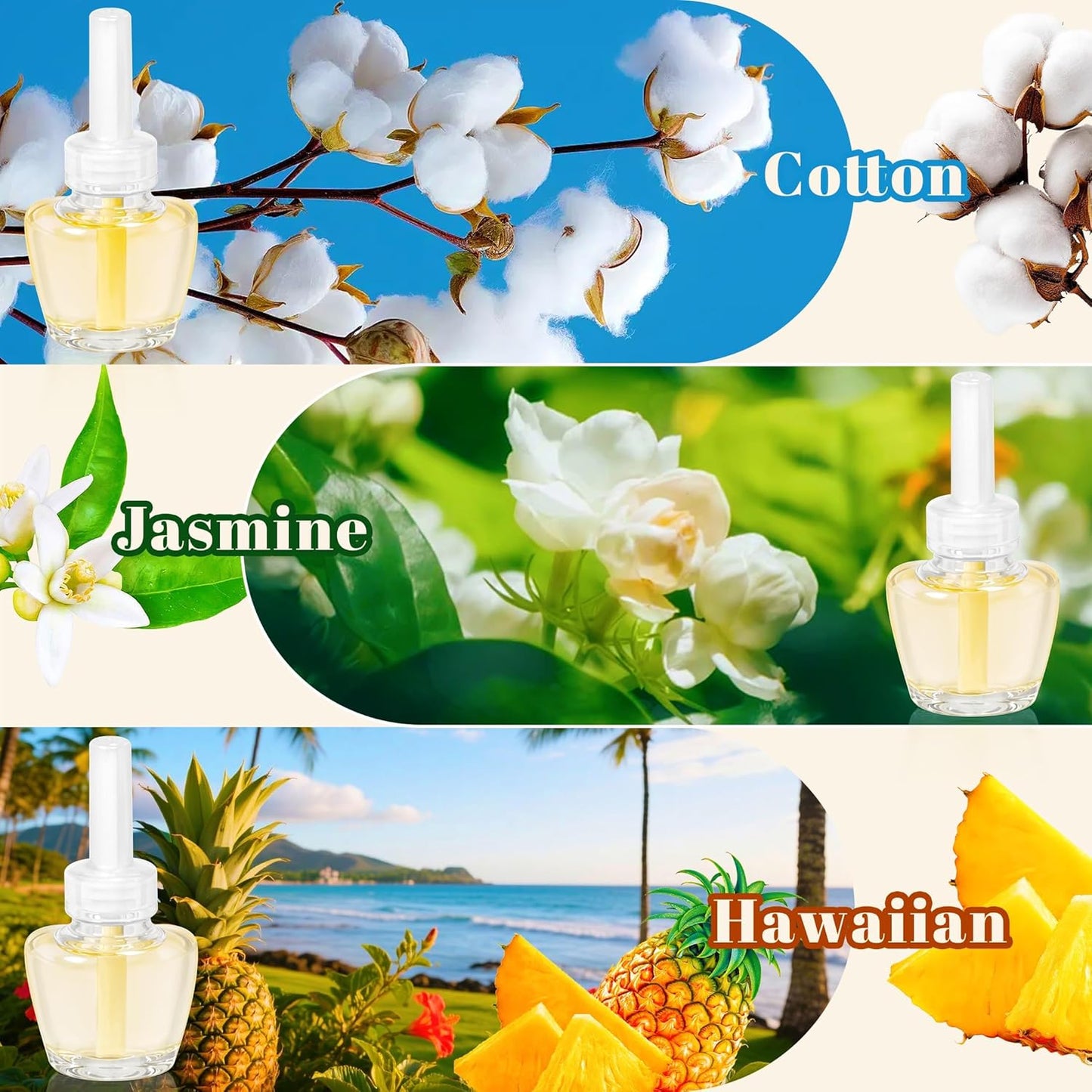 Plug-in Air Freshener Starter Kit, 1 Warmer and 9 Essential Oil Refills, Hawaiian, Jasmine, Cotton Scents for Home, Bathroom and Office, Compatible with Air Wick,Compatible with Glade