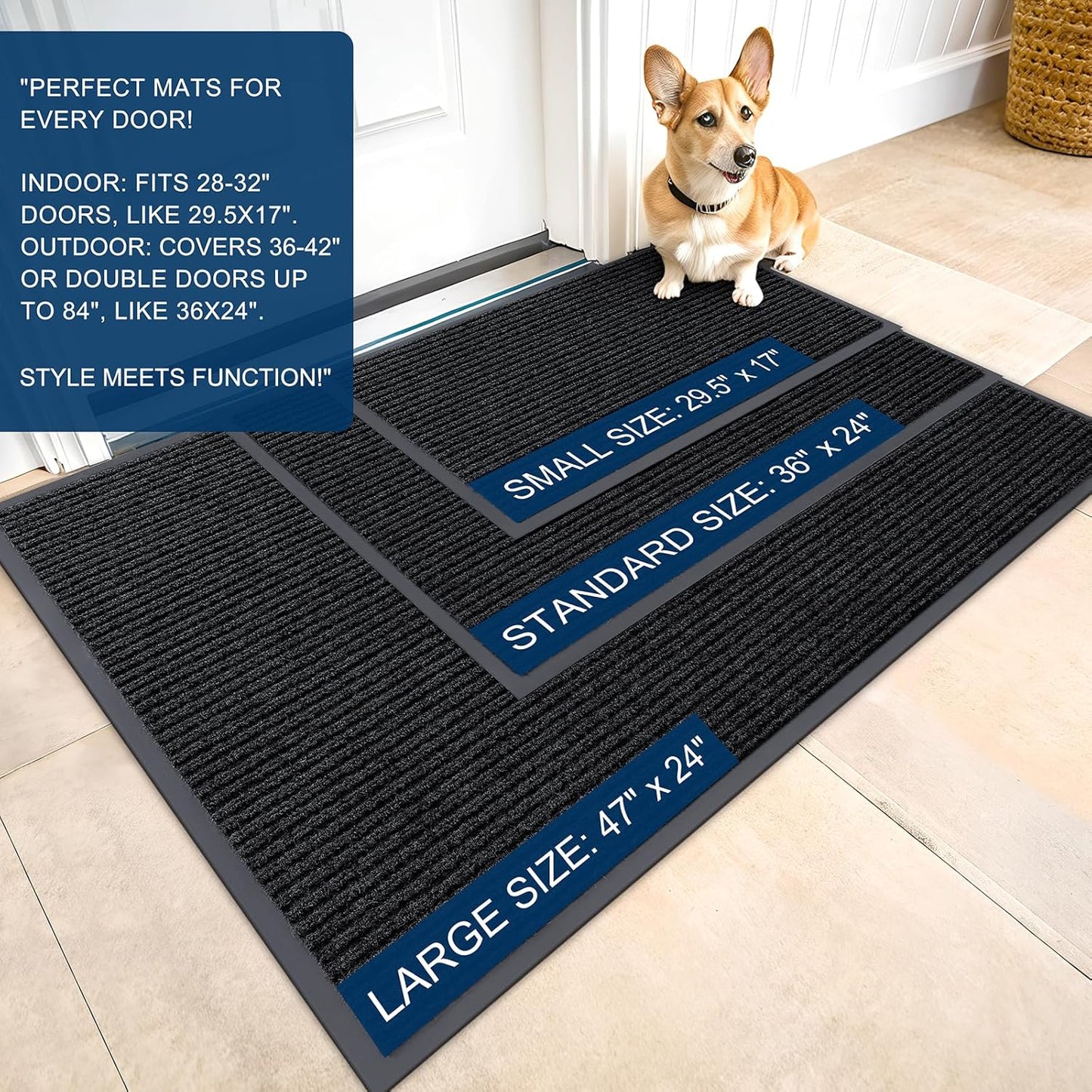 OLANLY Front Door Mat Indoor Outdoor Entrance, Waterproof Heavy Duty Doormat, Fade Resistant, Low Profile, Easy Clean Patio Porch Welcome Floor Mats for Entry, 47x23, Black