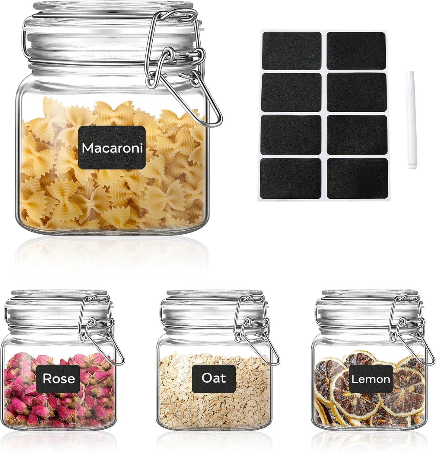 Glass Food Storage Jars with Airtight Lids 13 oz Square 4 Pack Kitchen Storage Containers Small Cabinet Canisters Sealed Pot Canning for Pasta, Cereal, Coffee, Beans, Spice