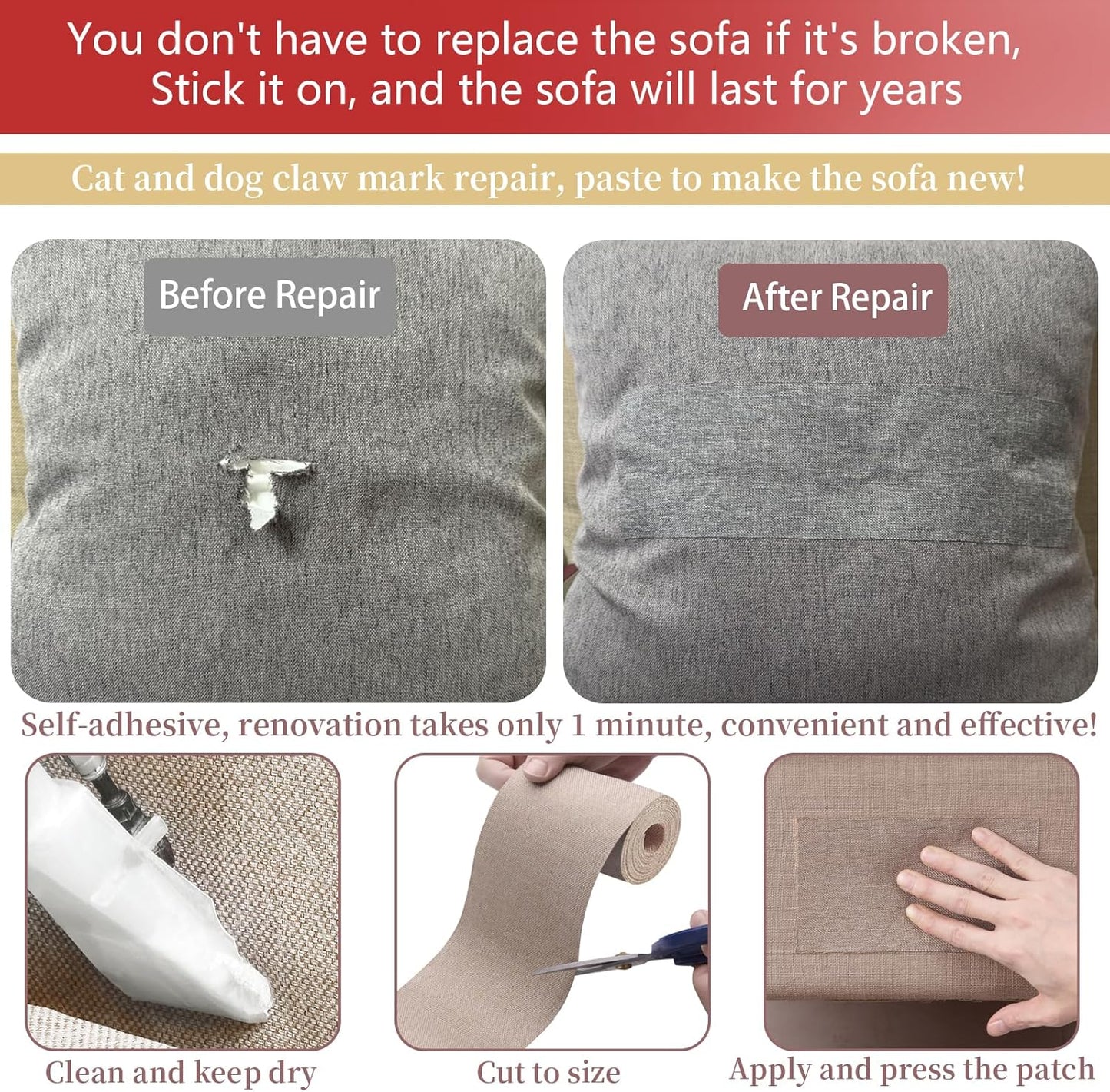 Linen Repair Tape 4x70 Inch Self-Adhesive Couch Patch Repair Fabric Patch for Furniture,Sofas,Cushion,Chairs,Bags,Linen Goods(Beige)