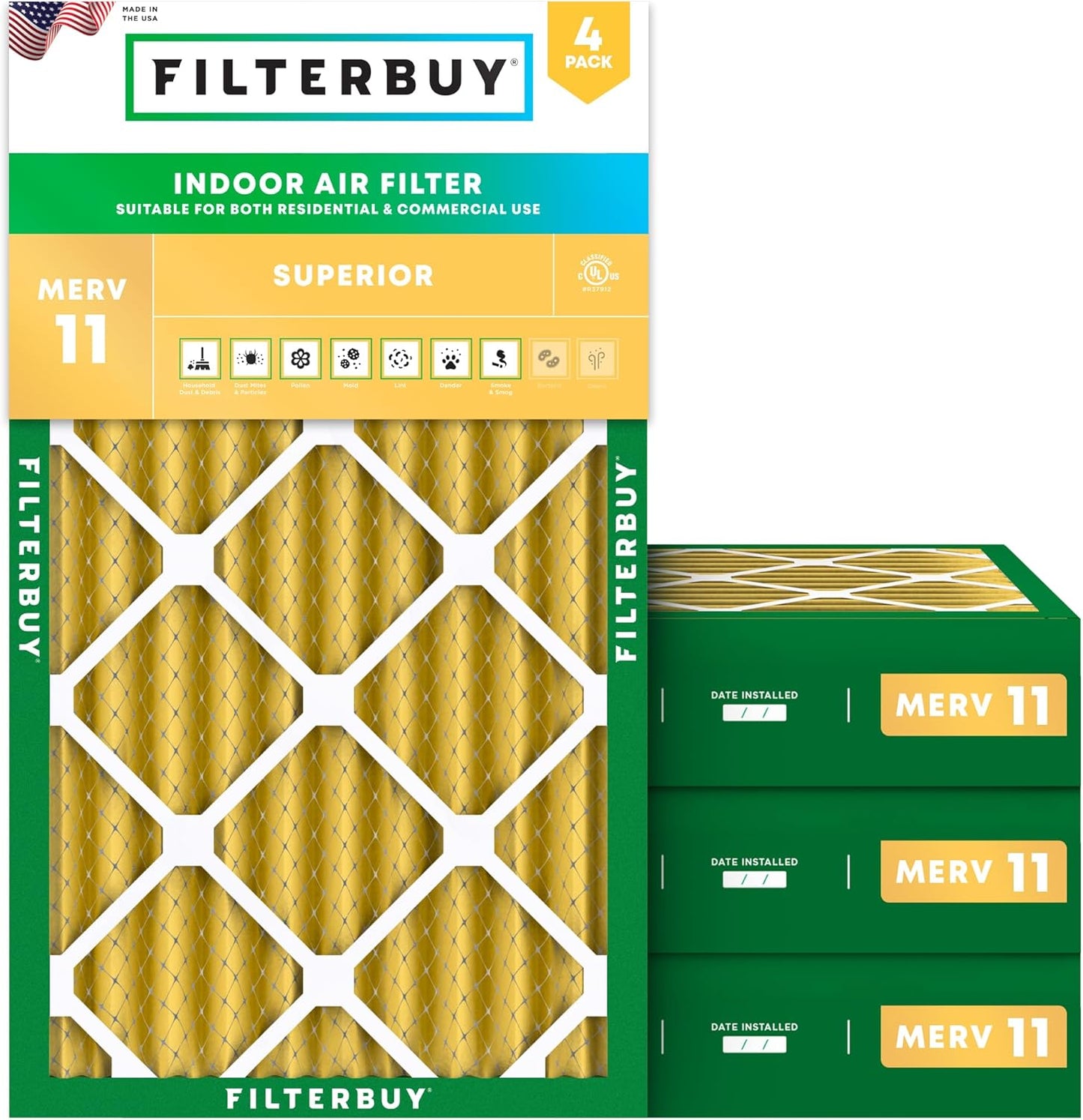 Filterbuy 16x24x4 Air Filter MERV 11 (MPR 1200) Allergen Defense Replacement (4-Pack), Electrostatic Pleated HVAC AC Furnace Filters, Made in USA (Actual Size: 15.38 x 23.38 x 3.63)