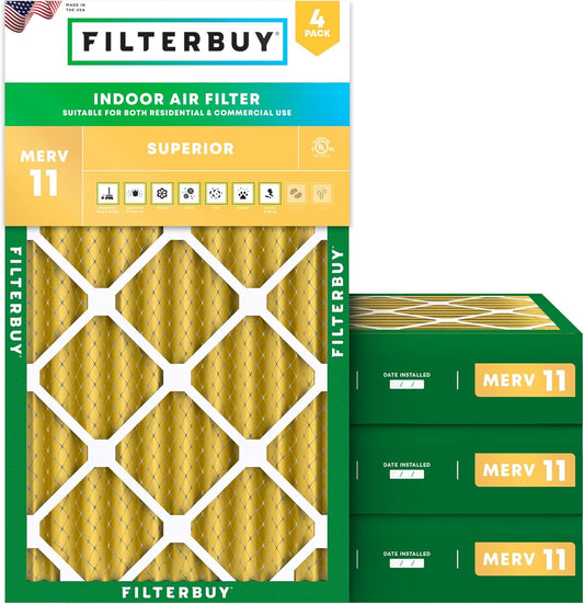 Filterbuy 14x25x4 Air Filter MERV 11 (MPR 1200) Allergen Defense Replacement (4-Pack), Electrostatic Pleated HVAC AC Furnace Filters, Made in USA (Actual Size: 13.88 x 24.88 x 3.63)