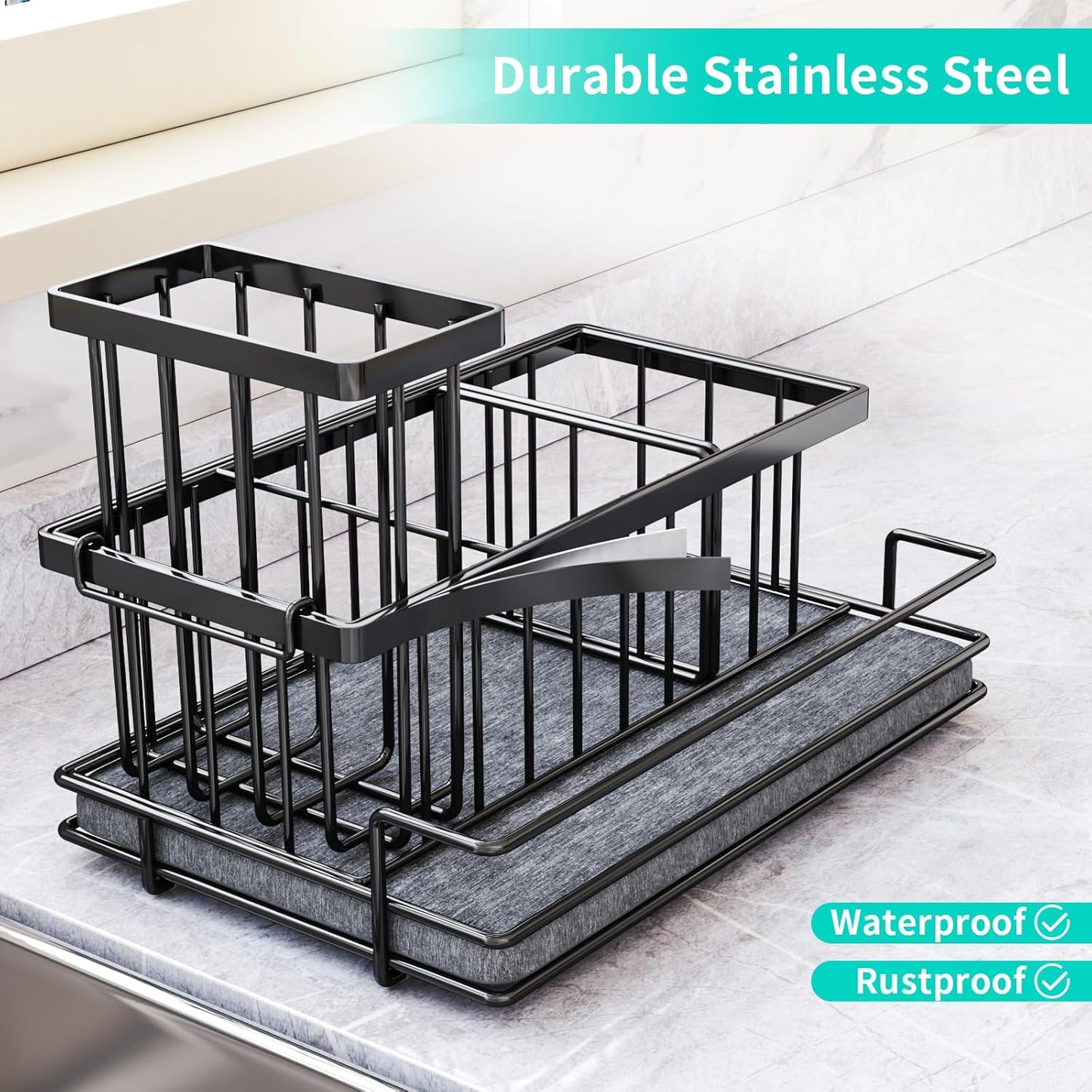 HapiRm Sink Caddy Sponge Holder - Kitchen Sink Organizer with Instant Drying Stone and Brush Holder, Stainless Steel Sponge Caddy for Kitchen Countertop - Black