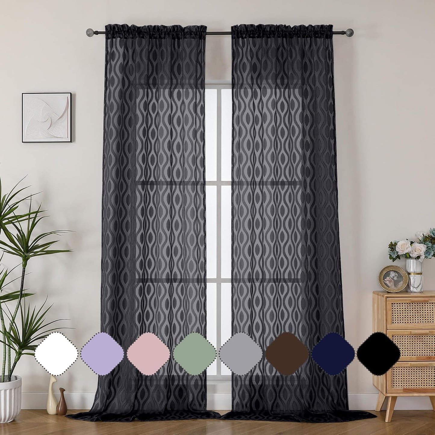 Aiyufeng Extra Long Sheer Curtains 96 Inches Long for Bedroom 2 Panels Set, Farmhouse Black Wavy Line Light Filtering Clip Jacquard Solid Voile Living Room Curtains, Dual Rod Pocket, 40"Wx96"L Inches