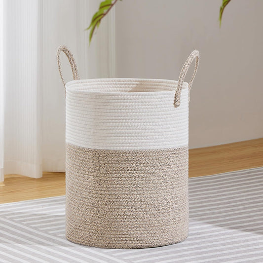 VIPOSCO Large Laundry Hamper, Tall Woven Rope Storage Basket for Blanket, Toys, Dirty Clothes in Living Room, Bathroom, Bedroom - 53L White & Brown