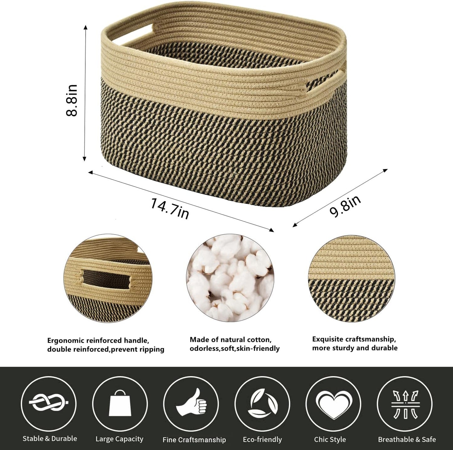 Storage Basket,Woven Baskets for Storage,Cotton Rope Baskets for Organizing,book,towel Basket,Toy Basket or Storage Bins - 3 Pack,Black and Brown