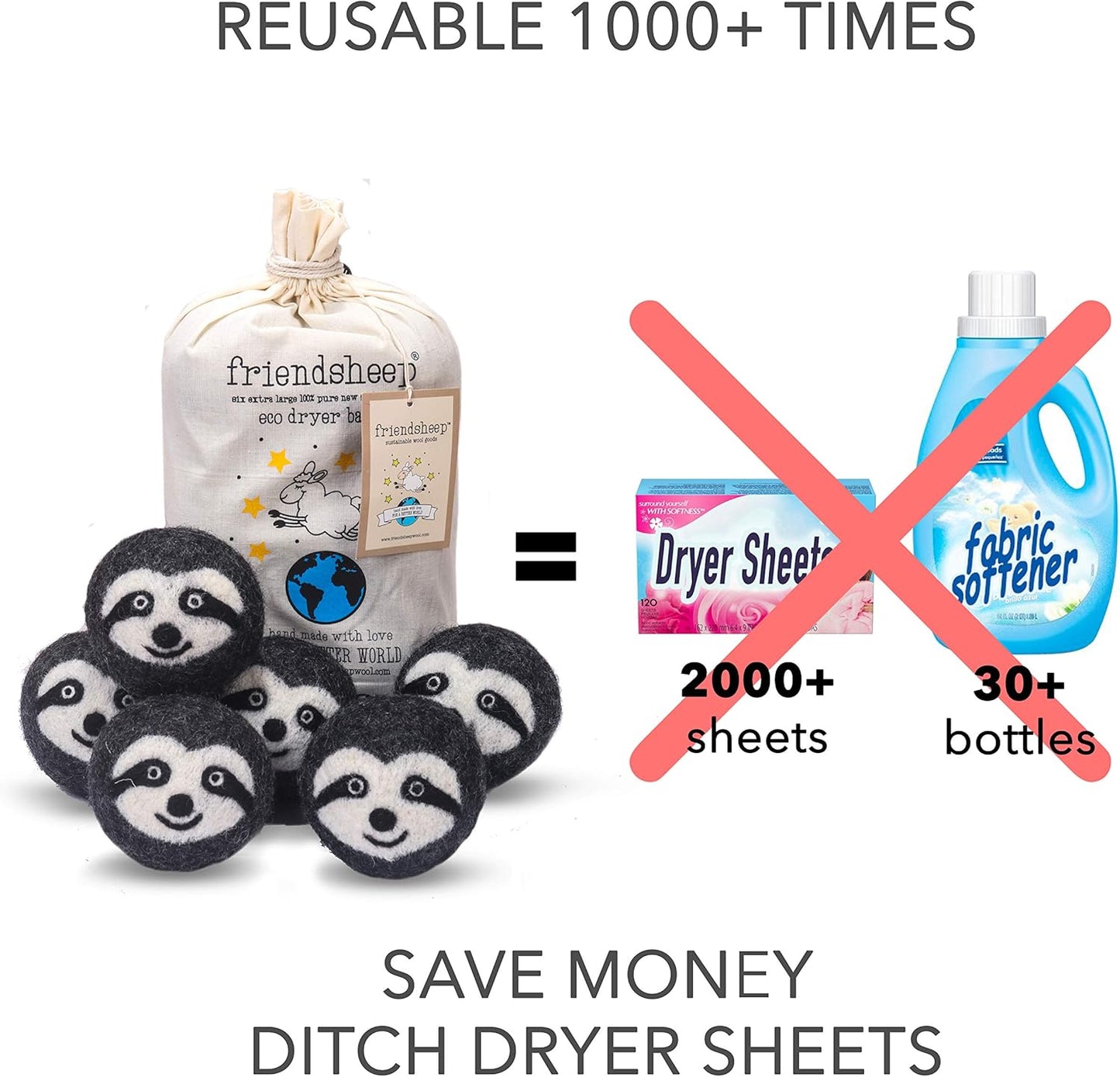 Friendsheep Wool Dryer Balls 6 Pack XL Organic Premium Reusable Cruelty Free Handmade Fair Trade No Lint Fabric Softener Gray Sloth - Sloth Squad