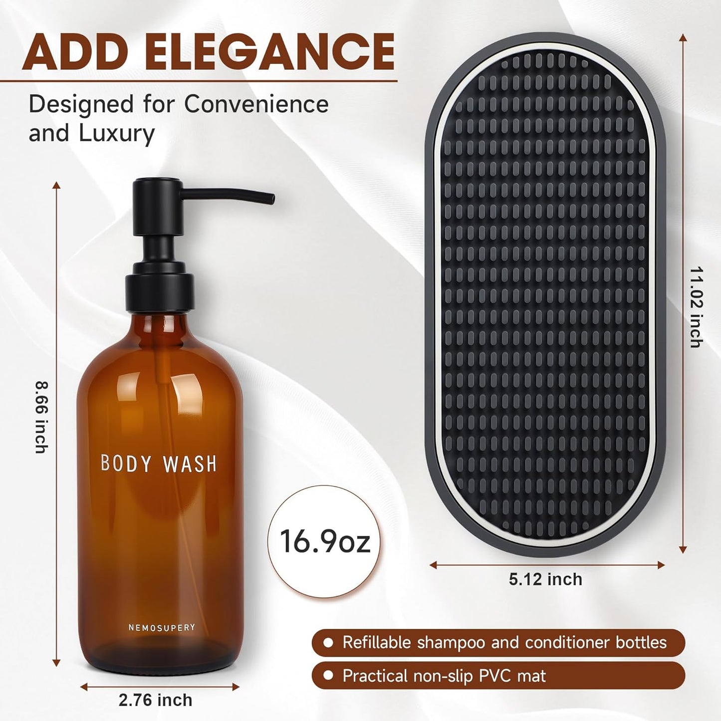 Glass Shampoo and Conditioner Dispenser-Shampoo Dispenser for Shower-16.9 fl oz Set of 3 Refillable Glass Bottles with Pump and Labels-Shower Soap Dispenser for Bathroom(Amber)