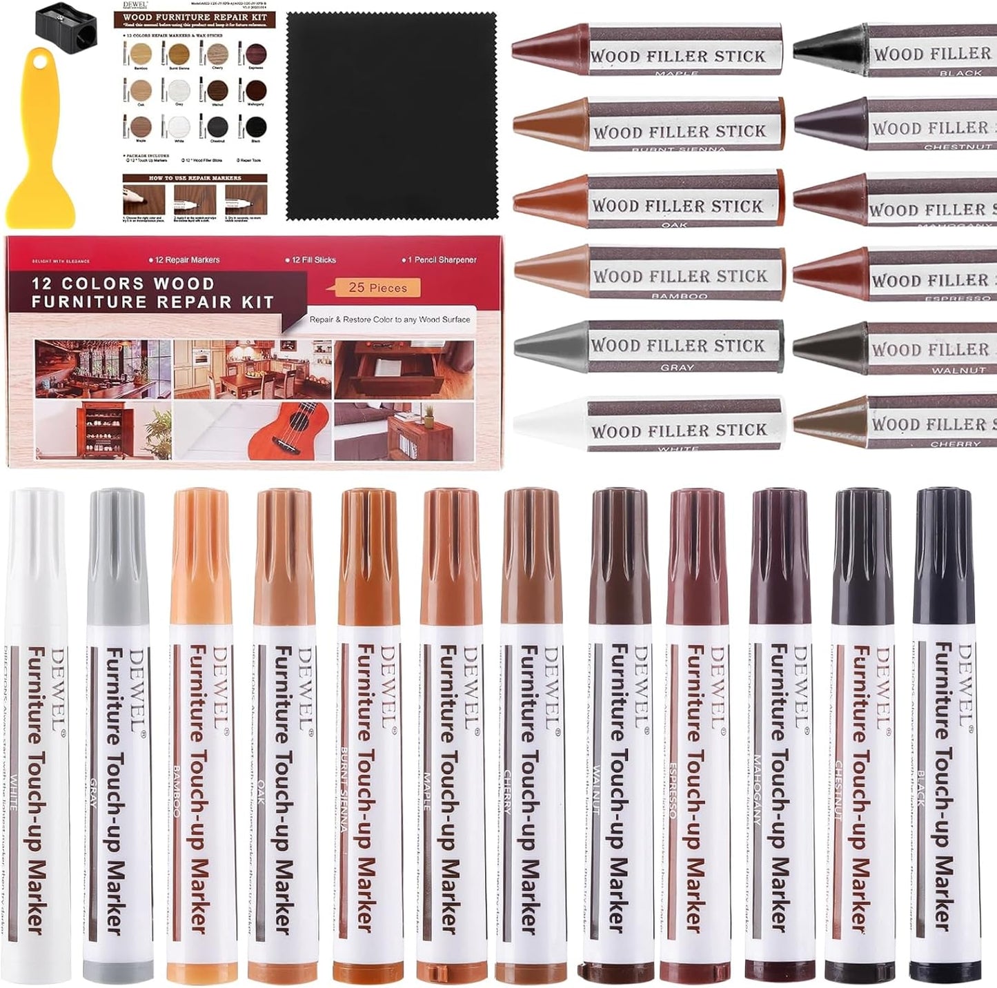 DEWEL Wood Furniture Markers & Filler Sticks Repair Kit, New Improved 12 Colors Touch Up Markers and Crayons - Covering Damaged Wooden Surfaces and Floors, for Pets Scratches, Stains, Cracks and Dents