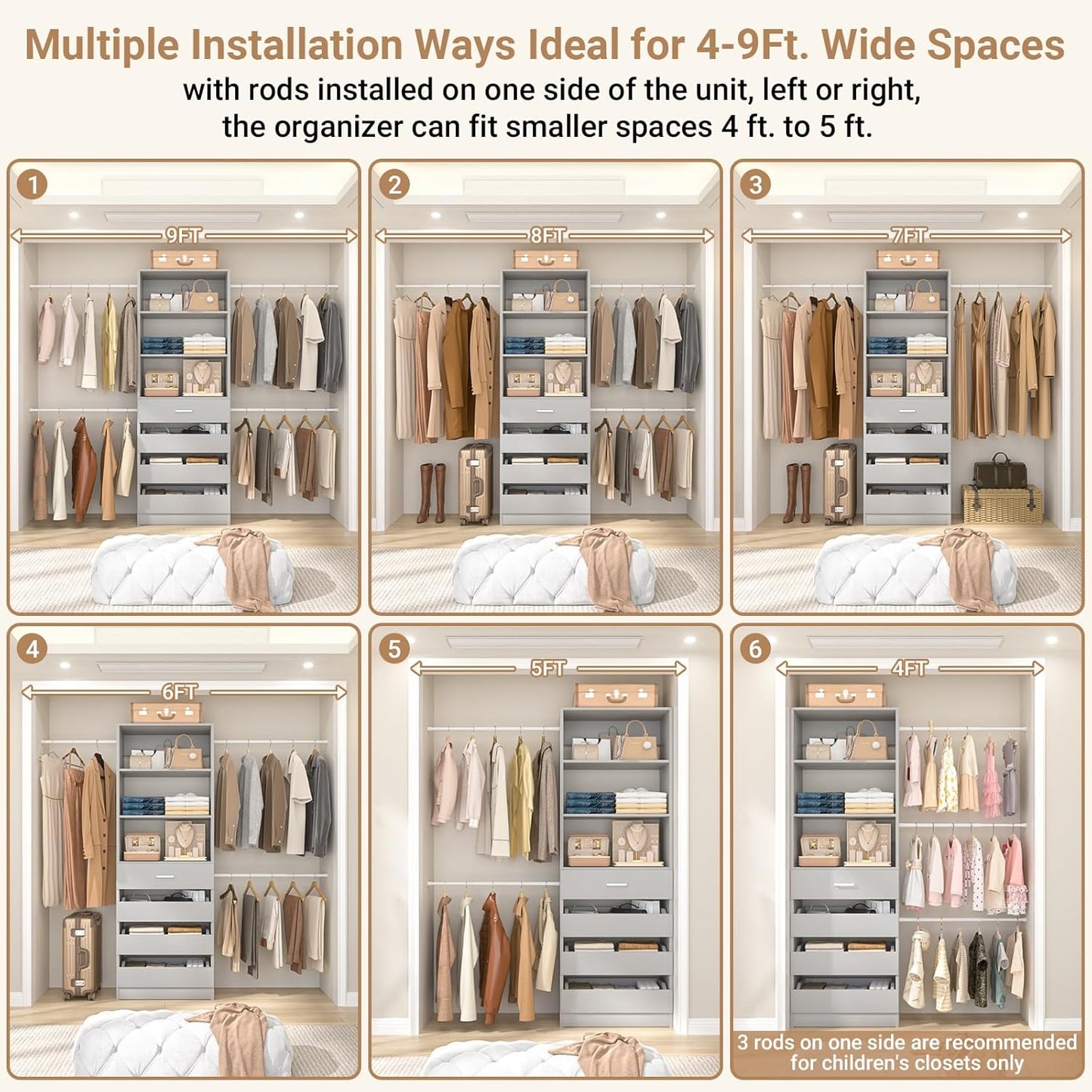 Aheaplus Closet System, 4-9Ft Closet Organizer with 4 Wooden Drawers, Wood Closet Organizer System with Tower, Walk-in Closet Organizer Wardrobe Garment Clothes Rack with 4 Hanging Rods, Grey