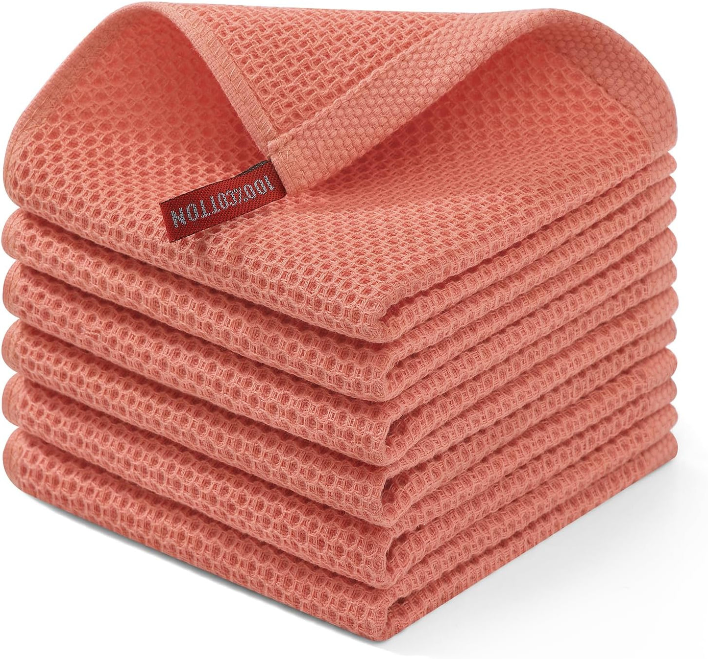 Homaxy 100% Cotton Waffle Weave Kitchen Dish Cloths, Ultra Soft Absorbent Quick Drying Dish Towels, 12 x 12 Inches, 6-Pack, Coral