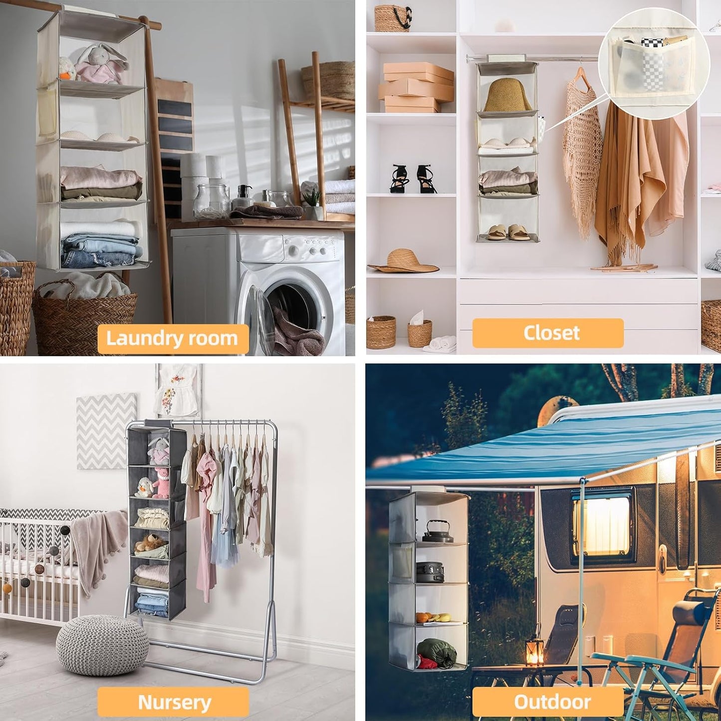 2 Packs Hanging Closet Organizer Storage, 4-Shelf Hanging Shelves for Closet, Closet Clothes Organizer and Storage with Side Pocket, Beige