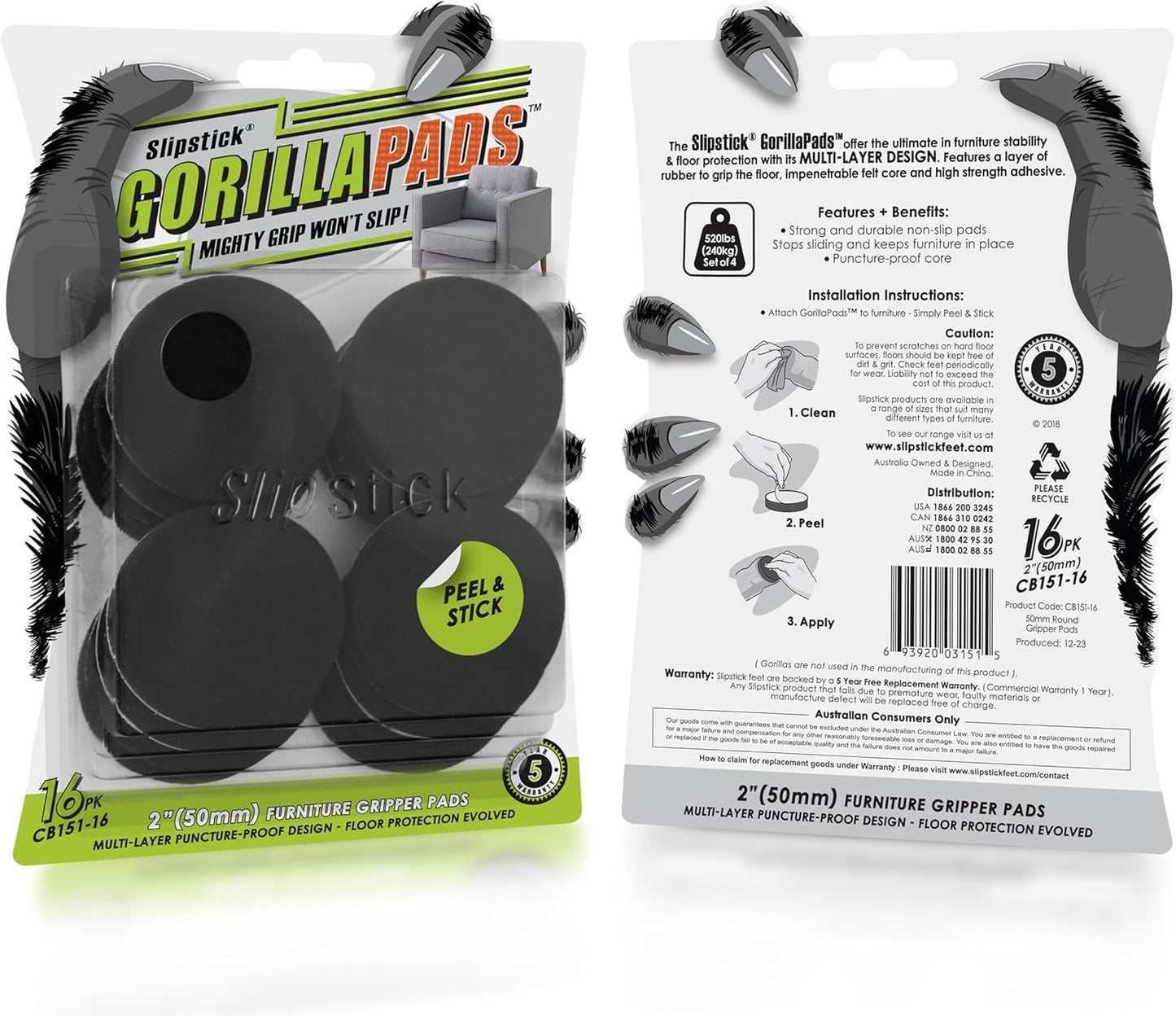 Slipstick GorillaPads Non Slip Furniture Pads/Gripper Feet Floor Protectors (Set of 16) Premium 2 Inch Round Self Adhesive Rubber Stoppers for Furniture Legs