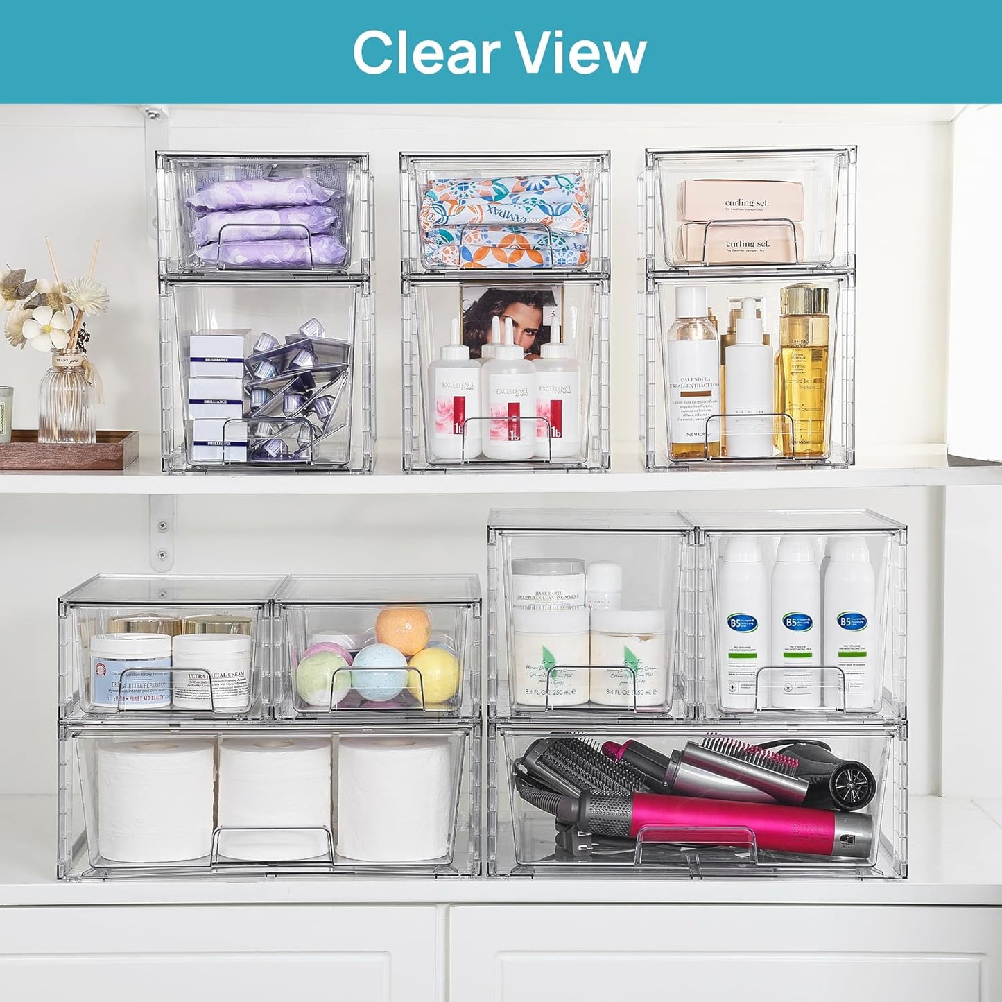 Vtopmart Clear Stackable Storage Drawers Set of 5, Easily Assemble Acrylic Bathroom Undersink Organizers,Plastic Storage Bins for Closet,Cabinet,Pantry,Medicine Organization