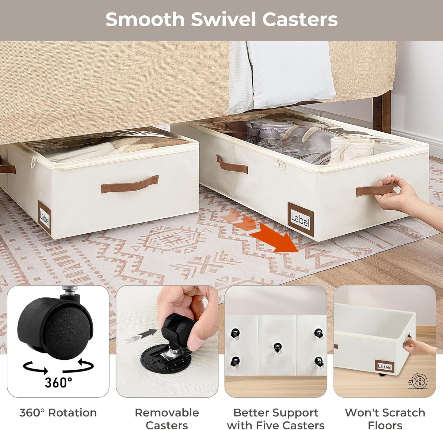 StorageWorks Under Bed Storage with Wheels, 10'' Underbed Storage Containers with Lid, 90L Clothes Organizer for Blankets, Sweaters, Bedding, 2-Pack, Beige