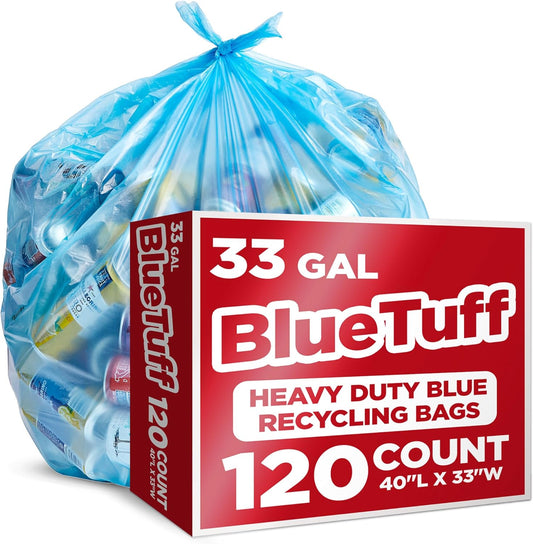 Heavy-Duty Blue Recycling Bags, 120-Pack Blue Garbage Bags For Recycling | 33-Gallon Capacity| Commercial, Industrial or Home Use