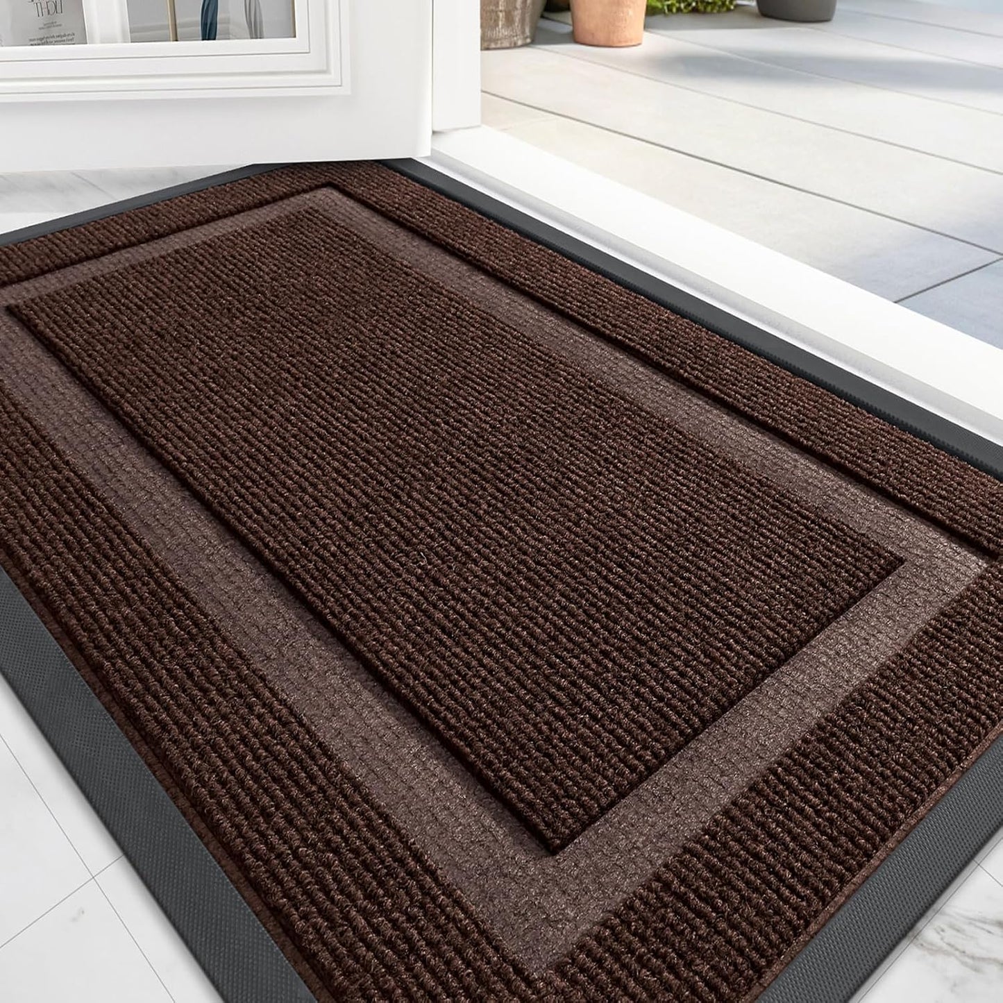 OLANLY Front Door Mat Indoor Outdoor Entrance, Waterproof All-Season, All-Weather Doormat, Sturdy Natural Rubber, Fade Resistant, Low Profile, Easy Clean Patio Porch Entryway Mat, 47x23, Dark Brown