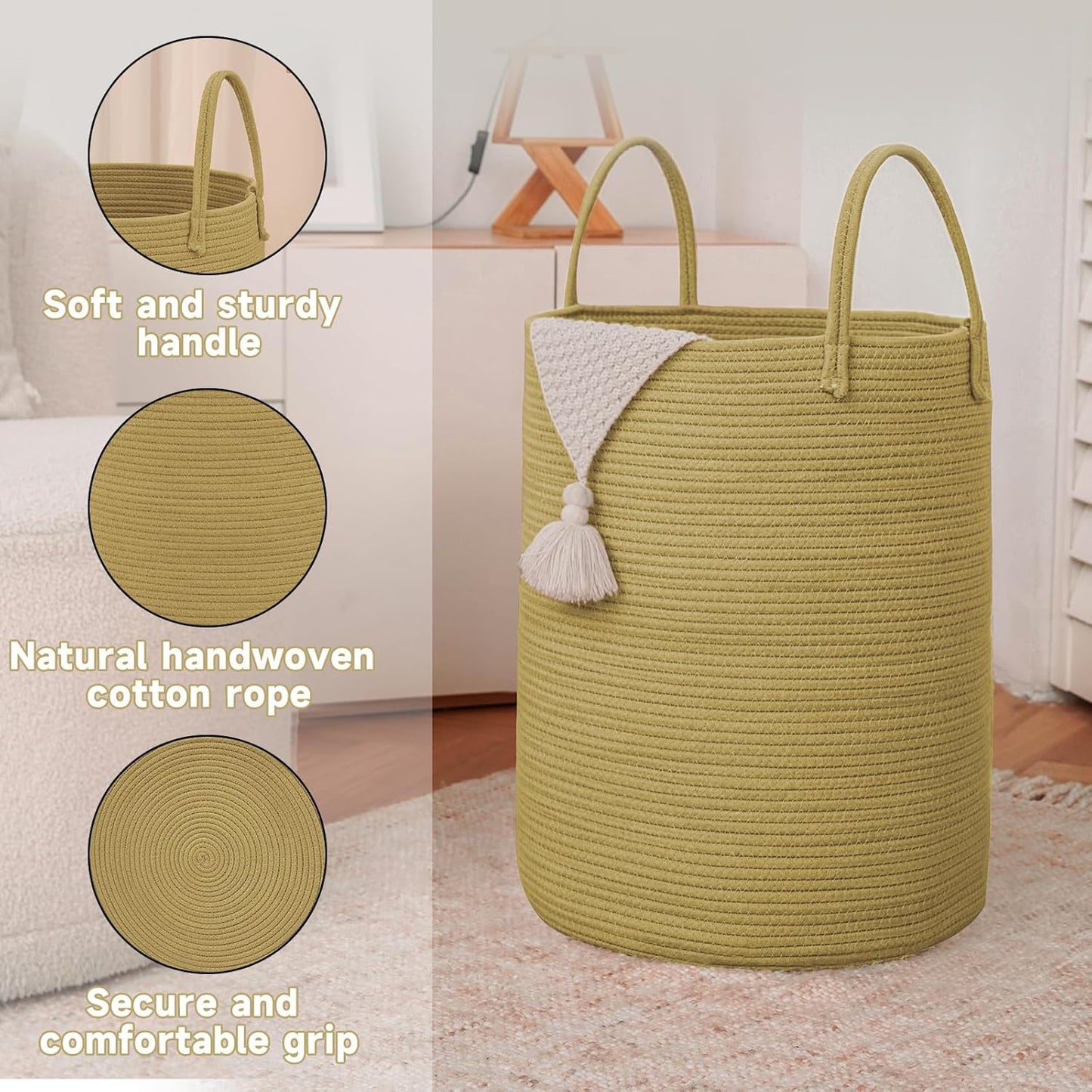 Large Woven Laundry Basket Hamper,80L Cotton Rope Storage Bin for Blankets,Toys and Clothes,Decorative Tall Nursery Hamper for Living Room,Baby Nursery,Bathroom and Bedroom,Jute