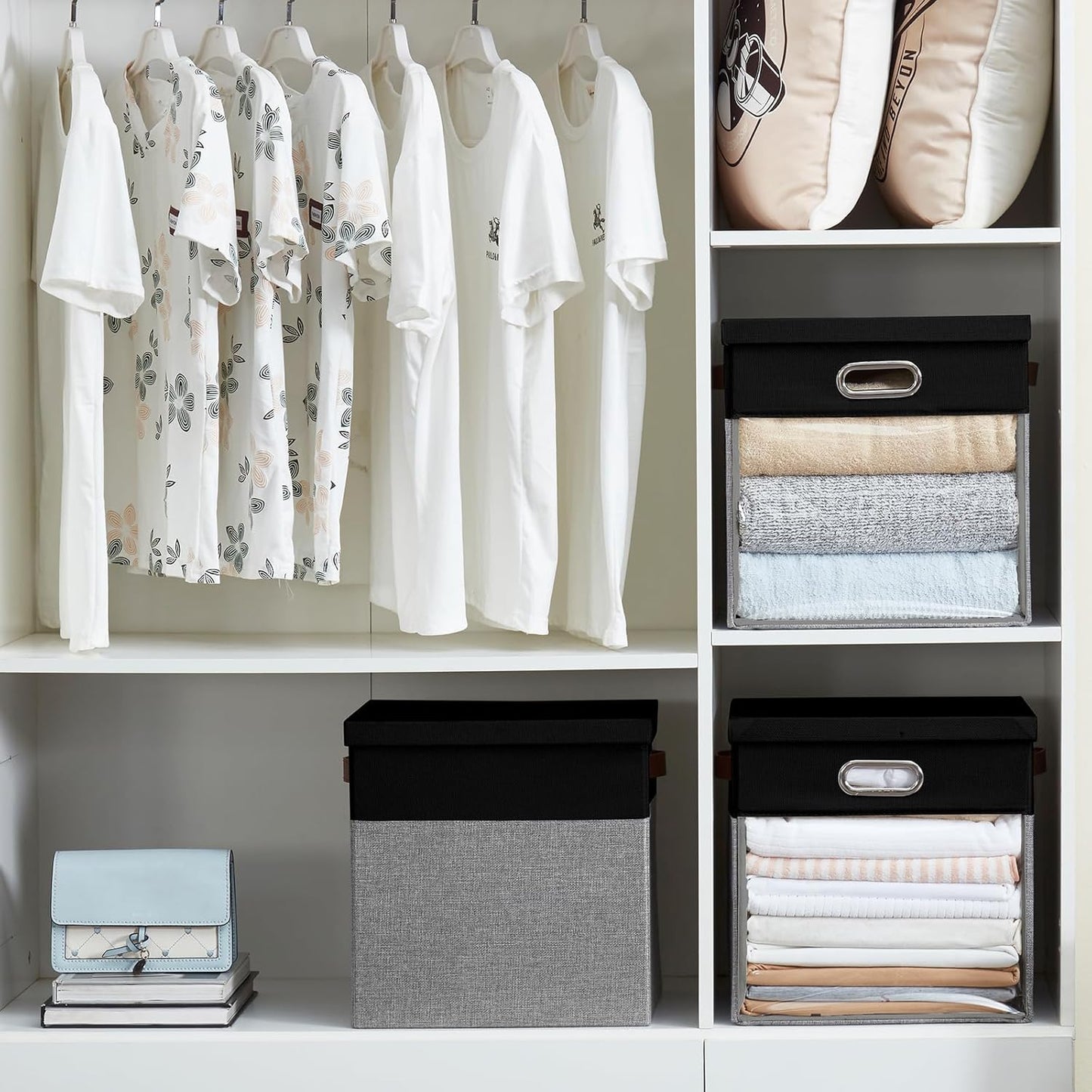 Fabric Storage Cubes with Clear Windows and Lids 11'' Foldable Storage Bins with 3 Handles, Decorative Storage Boxes for Home, Bedroom, Closet, Office (Black&Gray)