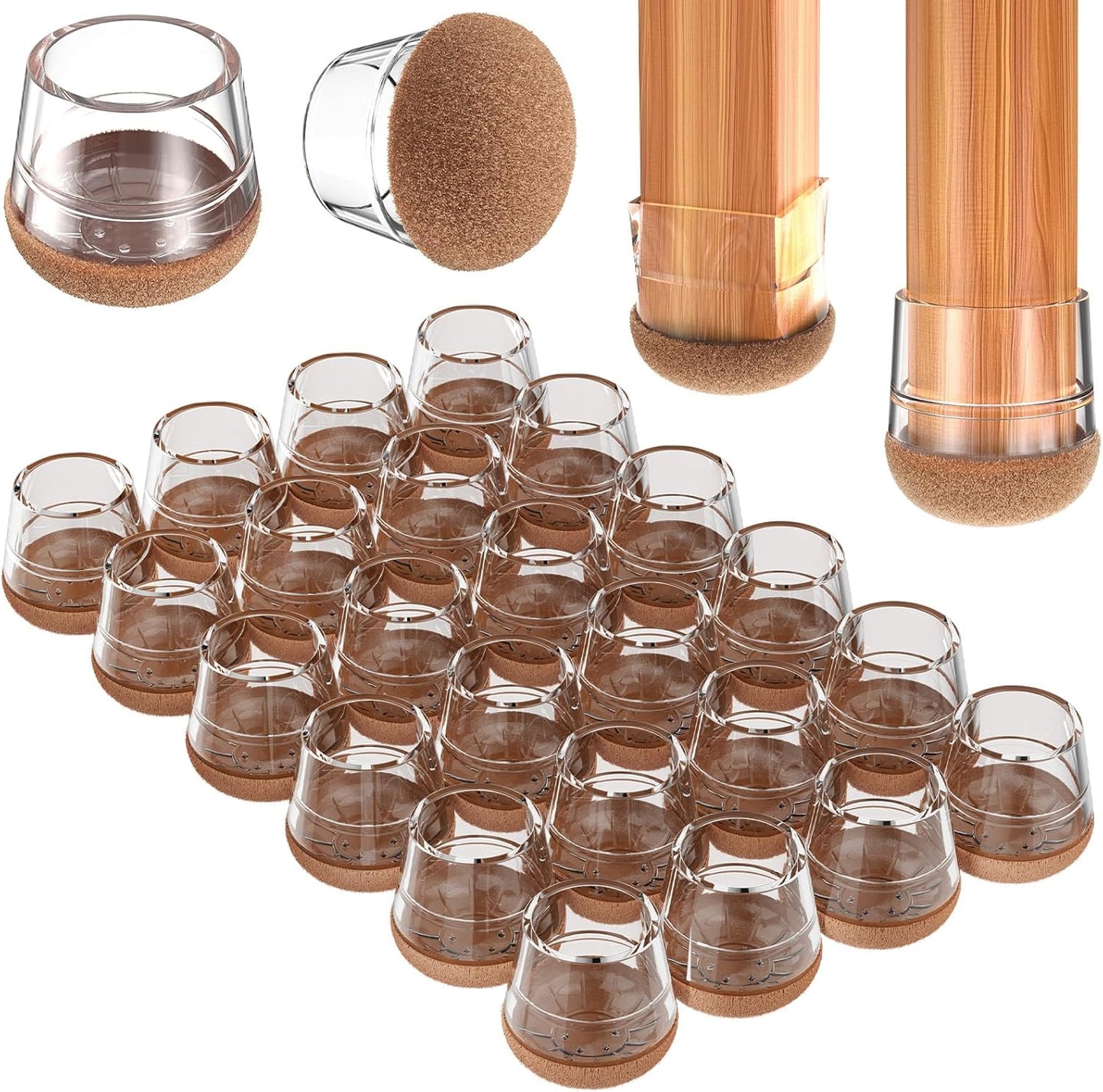 Chair Leg Floor Protectors Large 24Pcs,Silicone Chair Leg Protectors for Hardwood Floors/Tiles,360°Wrapped Felt Bottom to Prevent Scratch and Reduce Noise, Round Clear