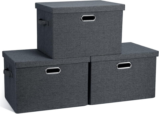 Large 17" 36 Quart Collapsible Stackable Storage Bins with Lids, 3 Packs Dark Gray Foldable Fabric Closet Storage Boxes with Lids, Heavy-duty Linen Cube Baskets(17x12x11)
