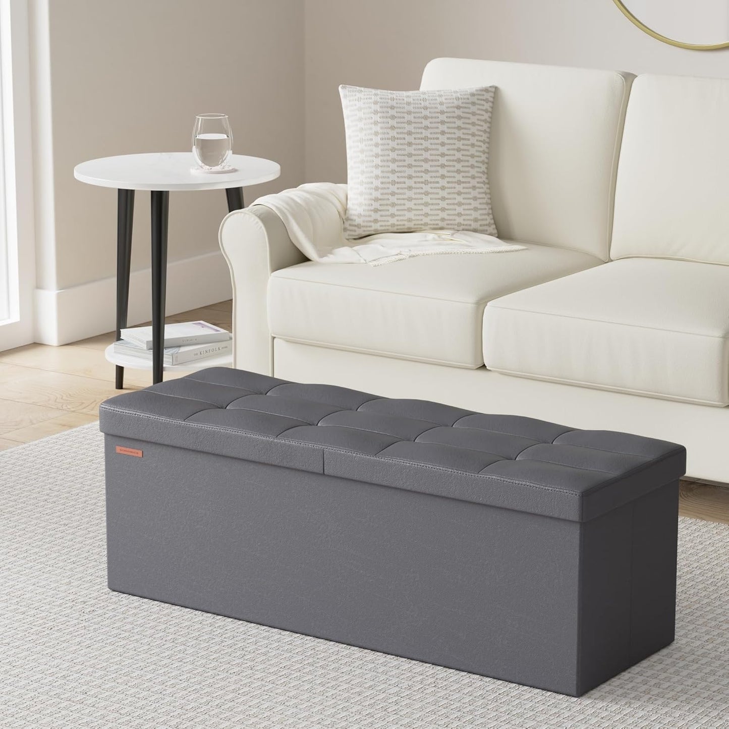 SONGMICS MAZIE Collection - 43 Inches Storage Ottoman Bench with Flipping Lid, Storage Chest with Iron Frame Support, Load 660 lb, for Living Room, Bedroom, Synthetic Leather, Dark Gray ULSF075G01