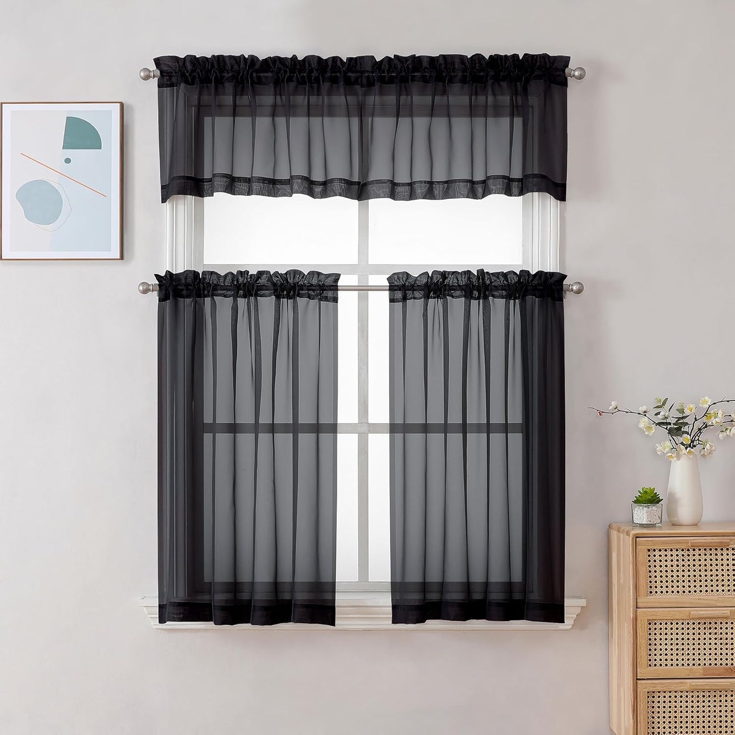 Chyhomenyc Black Sheer Curtains 30 inch Length 2 Panels, Light Filtering Voile Rod Pocket Short Window Curtians for Bathroom Living Room Farmhouse Small Windows, 42Wx30L inches