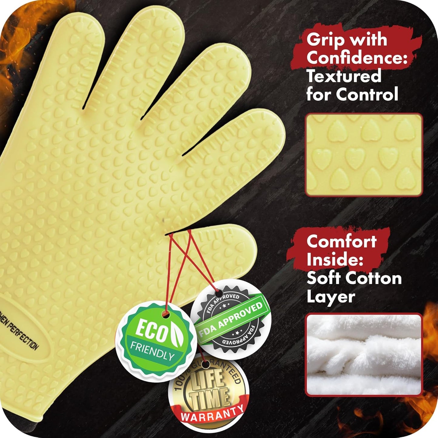 KITCHEN PERFECTION Silicone Smoker Oven Gloves For Women -Extreme Heat Resistant BBQ Gloves -Handle Hot Food Right on Your Smoker Grill Fryer|Waterproof Oven Mitts Grill Gloves |Superior Set+3 Bonuses