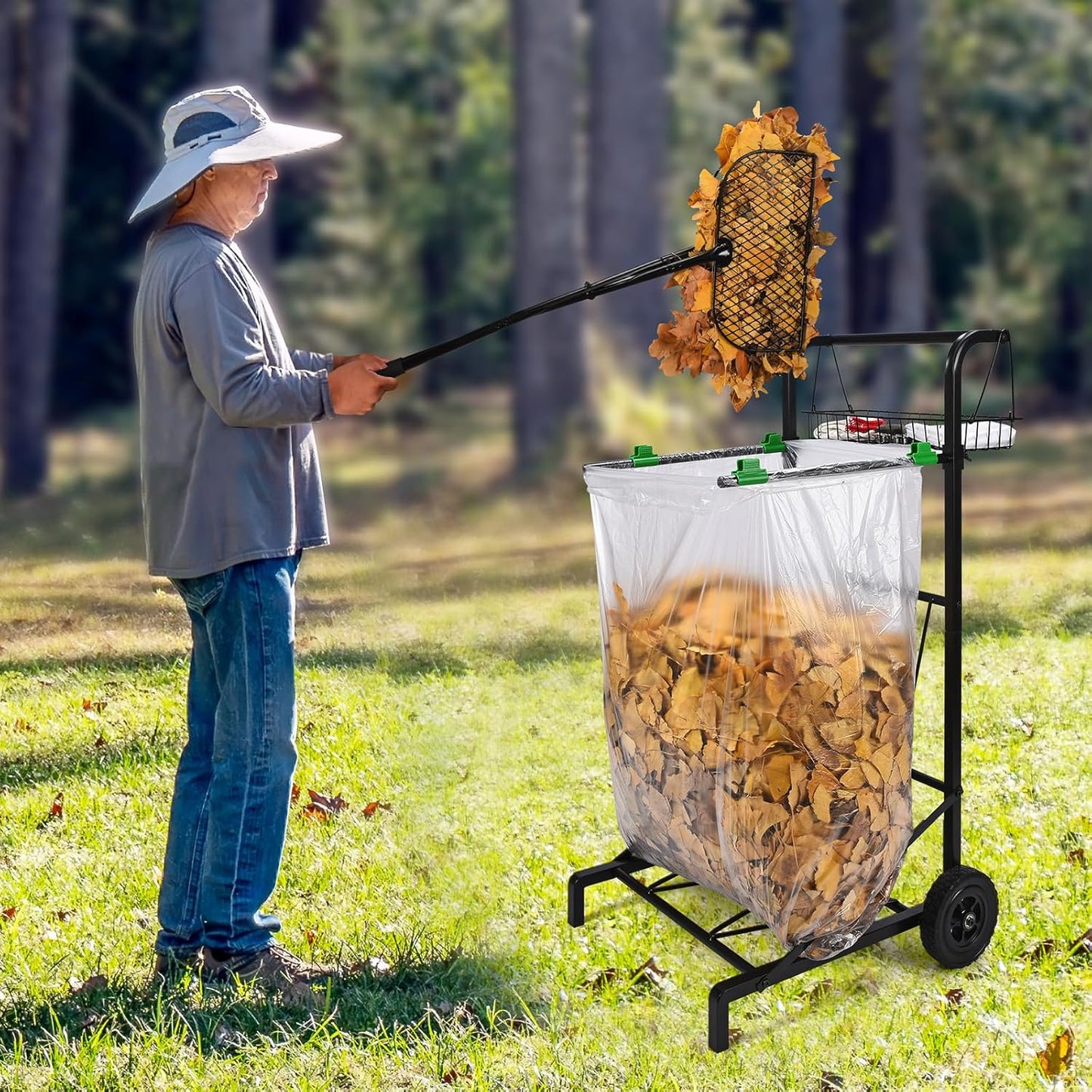 CAROD Mobile Trash Bag Holder with Storage Basket and Ergonomic Handle, Convenient Leaf Bag Cart with Leaves Grabber Rake Combo, Suitable for Leaves, Weeding, Camping, Party