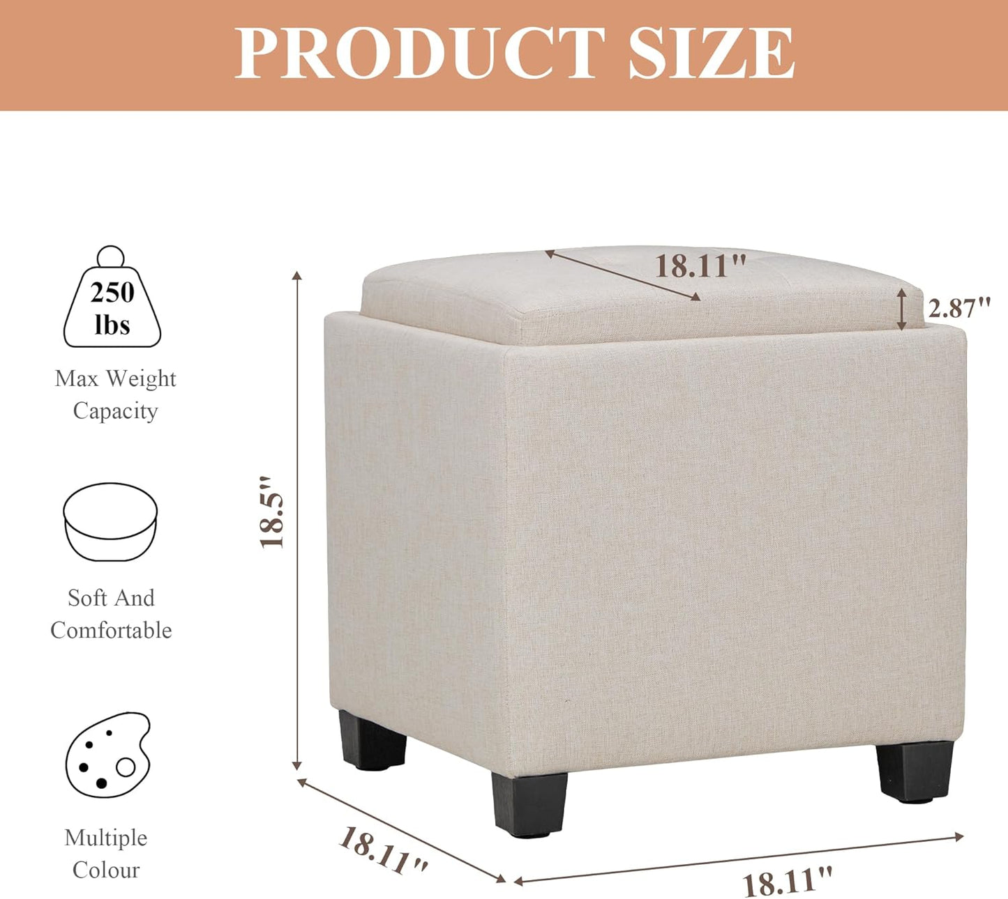 COLAMY Fabric Square Storage Ottoman with Reversible Tray Lid – Multi-Functional Footrest, Hidden Storage, Sturdy & Stylish Small Coffee Table for Living Room, Bedroom, or Entryway(Beige)