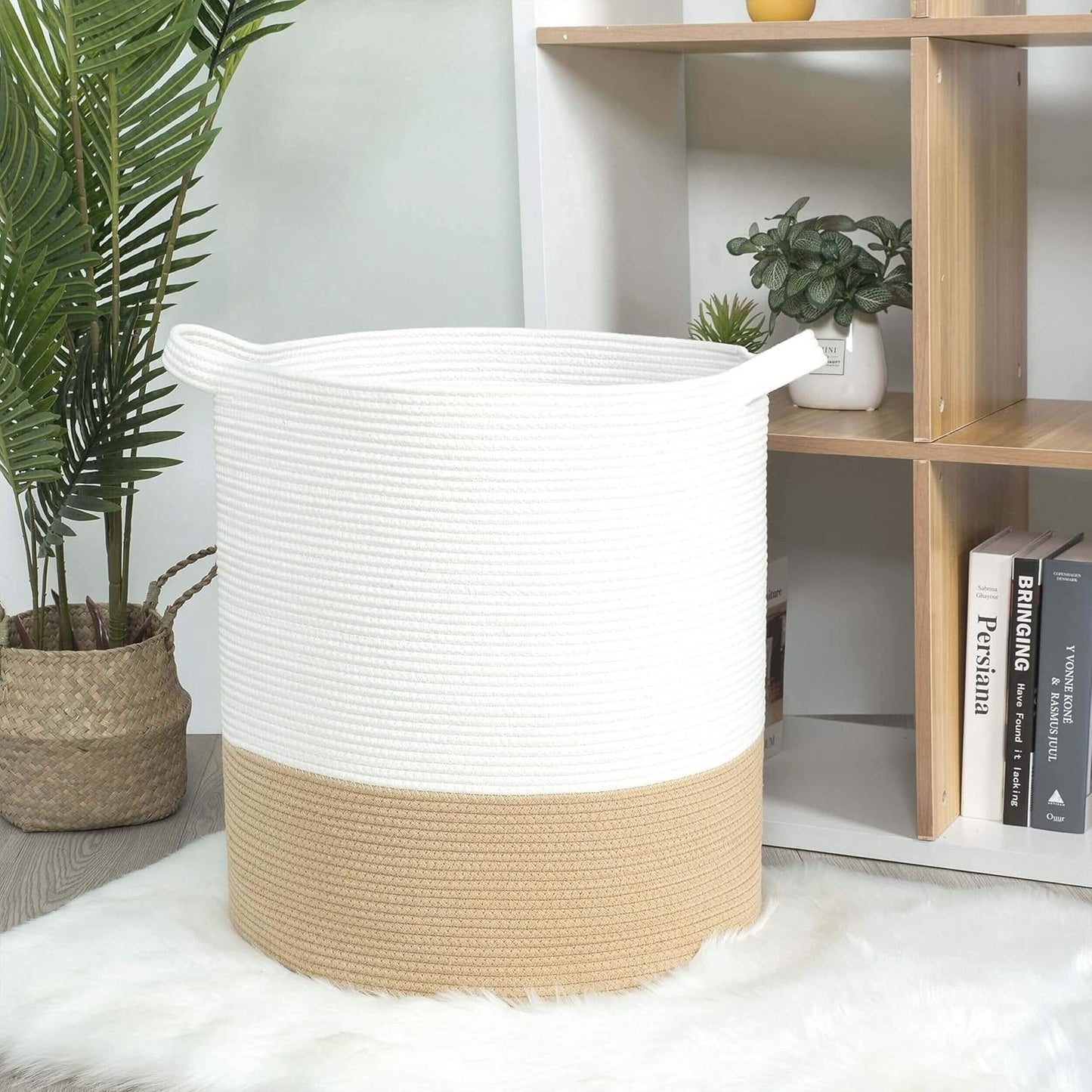 MINTWOOD Design 83L Extra Large 20x18in Decorative Woven Cotton Rope Blanket Basket with Handles, Tall Laundry Hamper for Living Room, Round Storage for Pillows, Towels, Shoes, Beige