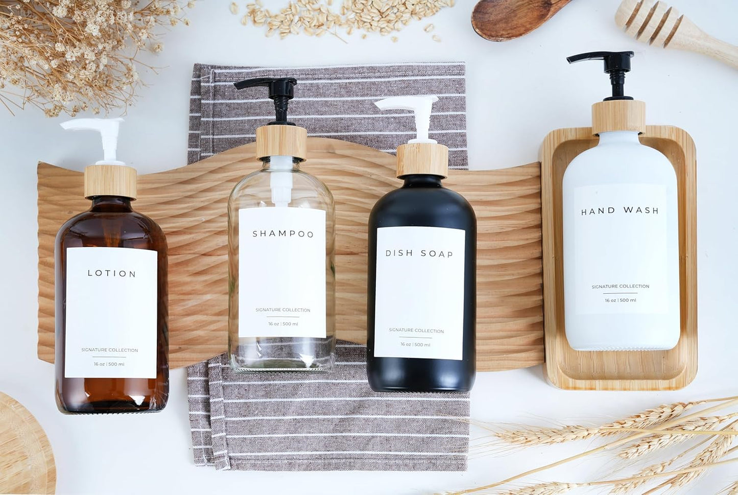 Emerson Glass Soap Dispenser Set - 16 Oz, 2 Pack with Pump and Labels for Kitchen and Bathroom