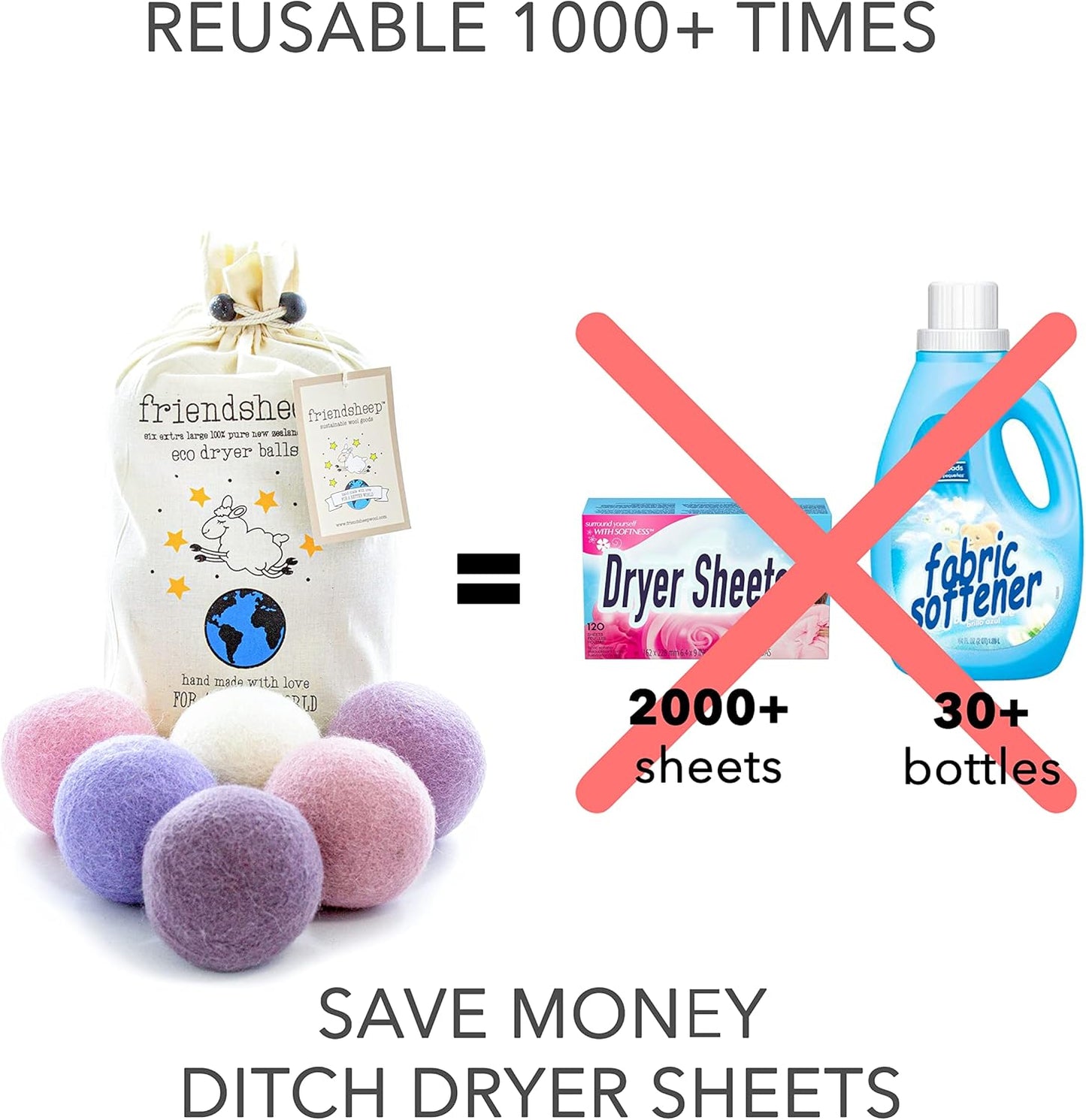 Friendsheep Wool Dryer Balls Organic Lavender 6 Pack XL Premium Reusable Cruelty Free Handmade Fair Trade No Lint Fabric Softener Color - Lavender Bliss