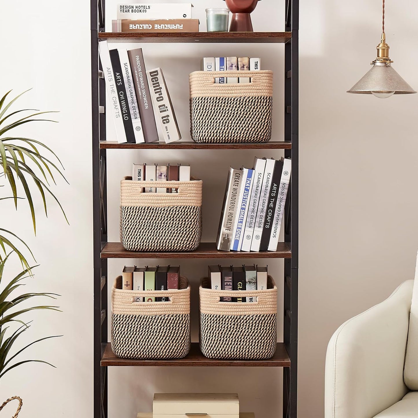 OIAHOMY 4 Pack Storage Baskets for Organizing, Basket for Shelves with Handle, Woven Baskets for Storage Toys, Towels, Books, Cotton Rope Basket 13" L x 9 " W x 7.8 " H, Brown & Black