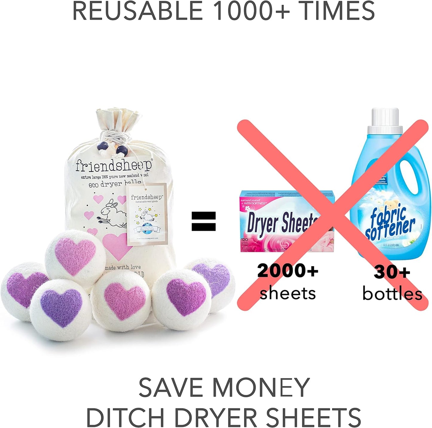 Friendsheep Organic Wool Dryer Balls Pink Purple Hearts 6 Pack XL Premium Reusable Cruelty Free Handmade Fair Trade No Lint Fabric Softener - Lovely Day
