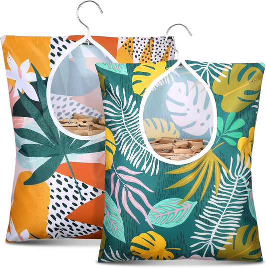 Woanger 2 Pcs Clothes Pin Bag Clothespin Holder 15 x 11 in to Hang on Line Clothes Pin Hanging Bag for Clothesline Outdoor Storage Organizer Basket with Large Opening(Leaves Style)