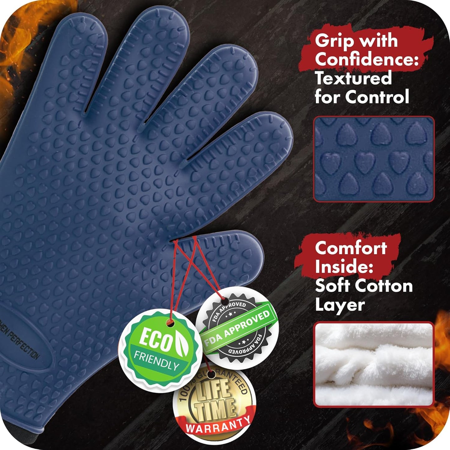 KITCHEN PERFECTION XL Silicone Smoker Oven Gloves-Extreme Heat Resistant BBQ Gloves-Handle Hot Food Right on Your Grill Fryer&Pit|Waterproof Grilling Cooking Baking Mitts|Superior Value Set+3 Bonuses