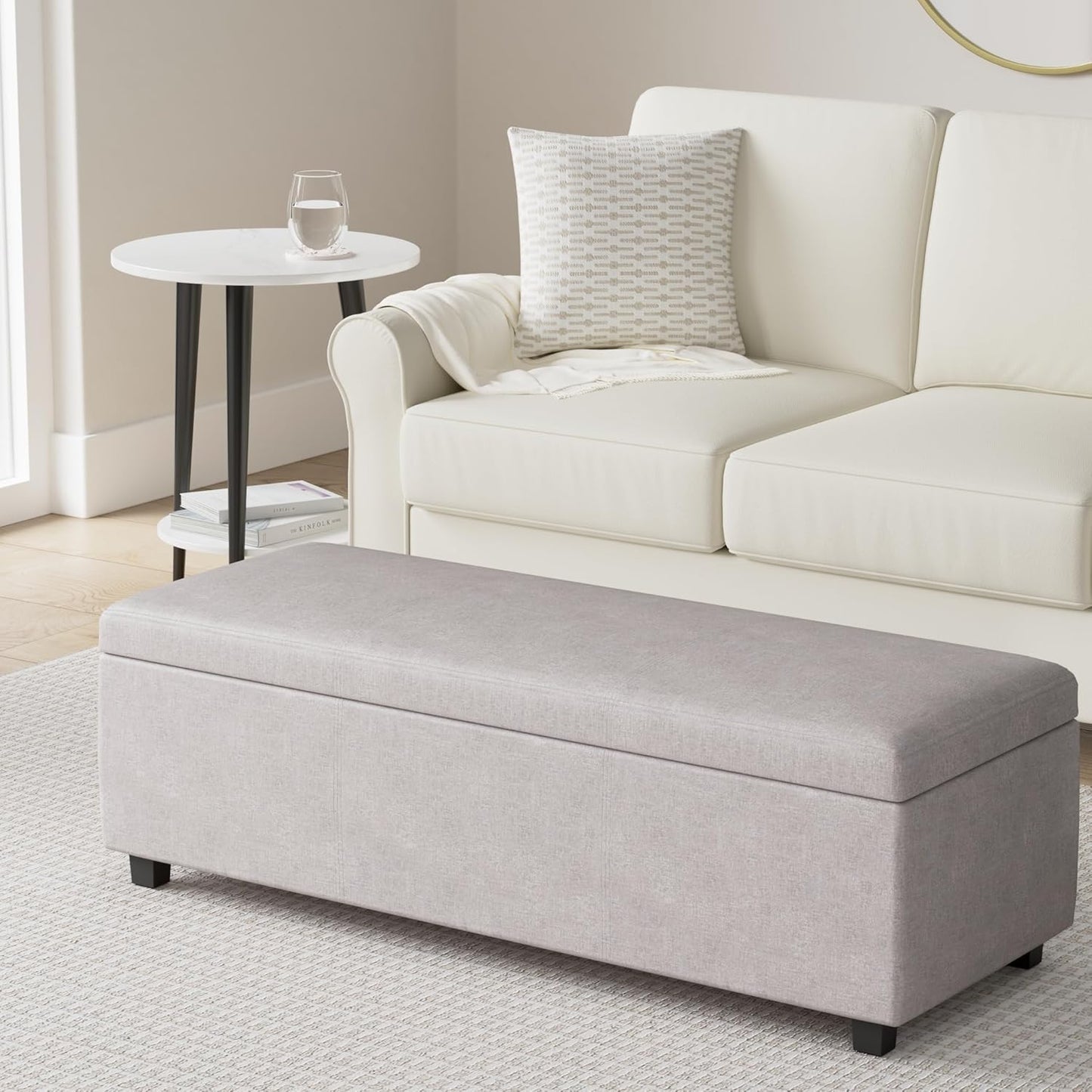 SIMPLIHOME Avalon 48 inch Wide Contemporary Rectangle Storage Ottoman Bench in Cloud Grey Linen Look Fabric, Assembled, for the Living Room, Entryway and Family Room