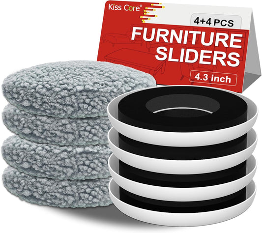 New Upgrade Furniture Movers Sliders, 4+4 Pack 4.3" Multi-Surface Furniture Sliders with Groove Design, Round 4PCS Moving Pads and 4 Hardwood Socks, Protect Floor and Easily Move Furniture