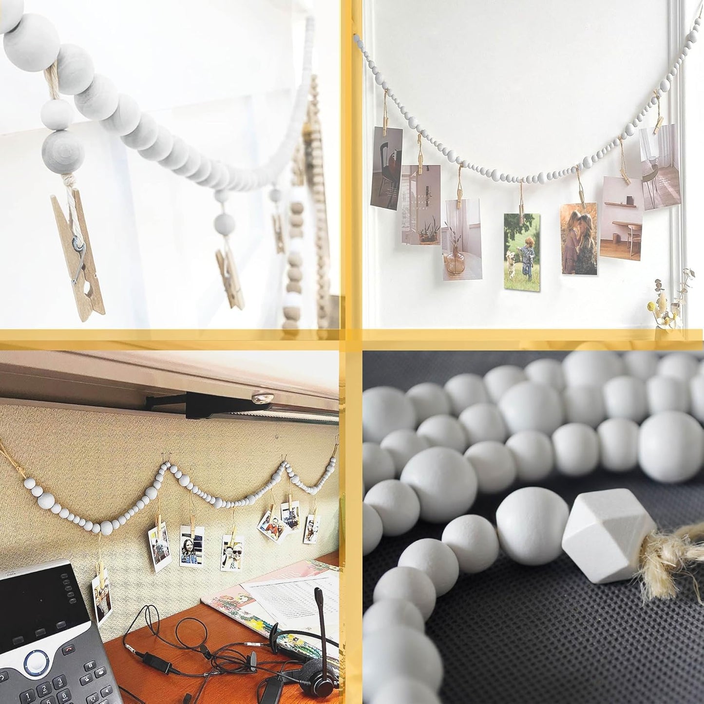 4 Feet Wooden Beads Garland with Clothespins Picture Cards Holder - Country Farmhouse Christmas Nursery Boho Holiday Decorations with Clips