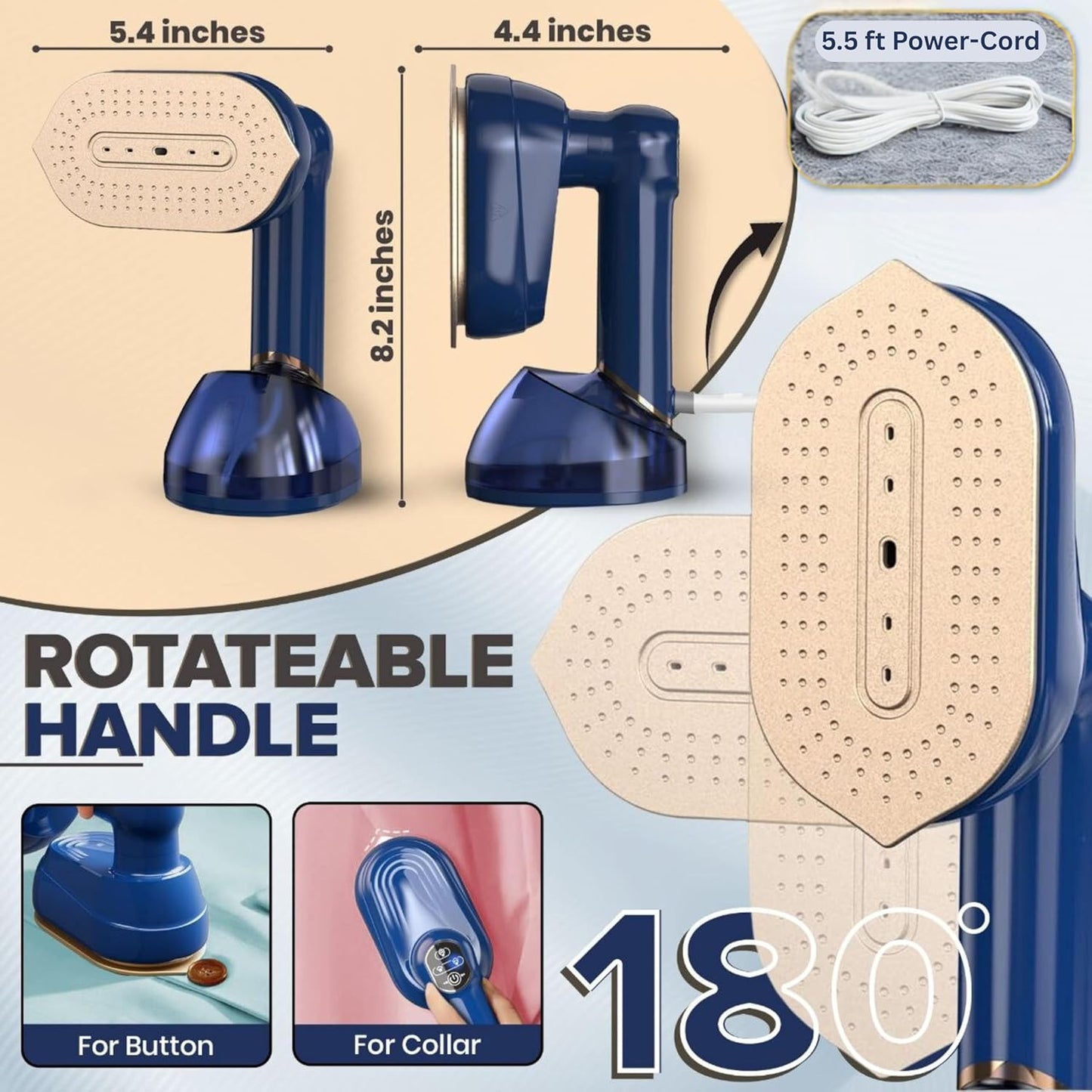 Humse Portable Steamer for Clothes – 2 in 1 Travel Steamer Iron For Clothes, Light Weight with 230ml Water Tank- 20s Heat-up 1050W garment steamer, Fabric Wrinkle Remover with 180° Handle (Blue)