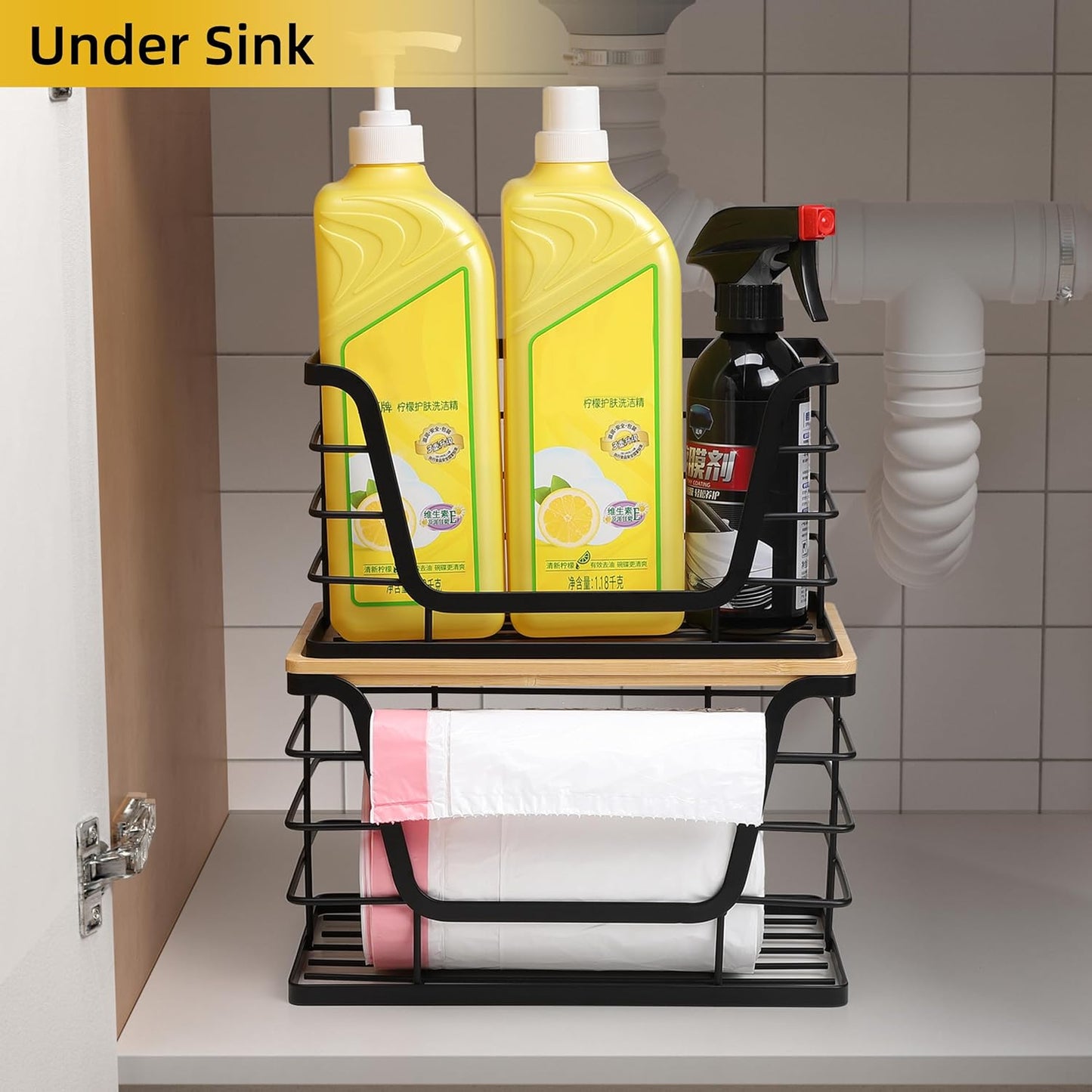 ALOCEO 3 Pack Stackable Storage Bins with Lids, Stainless Steel Trash Bag Dispenser Roll Holder for for Kitchen Sink, Laundry, Pantry Organizer and Storage