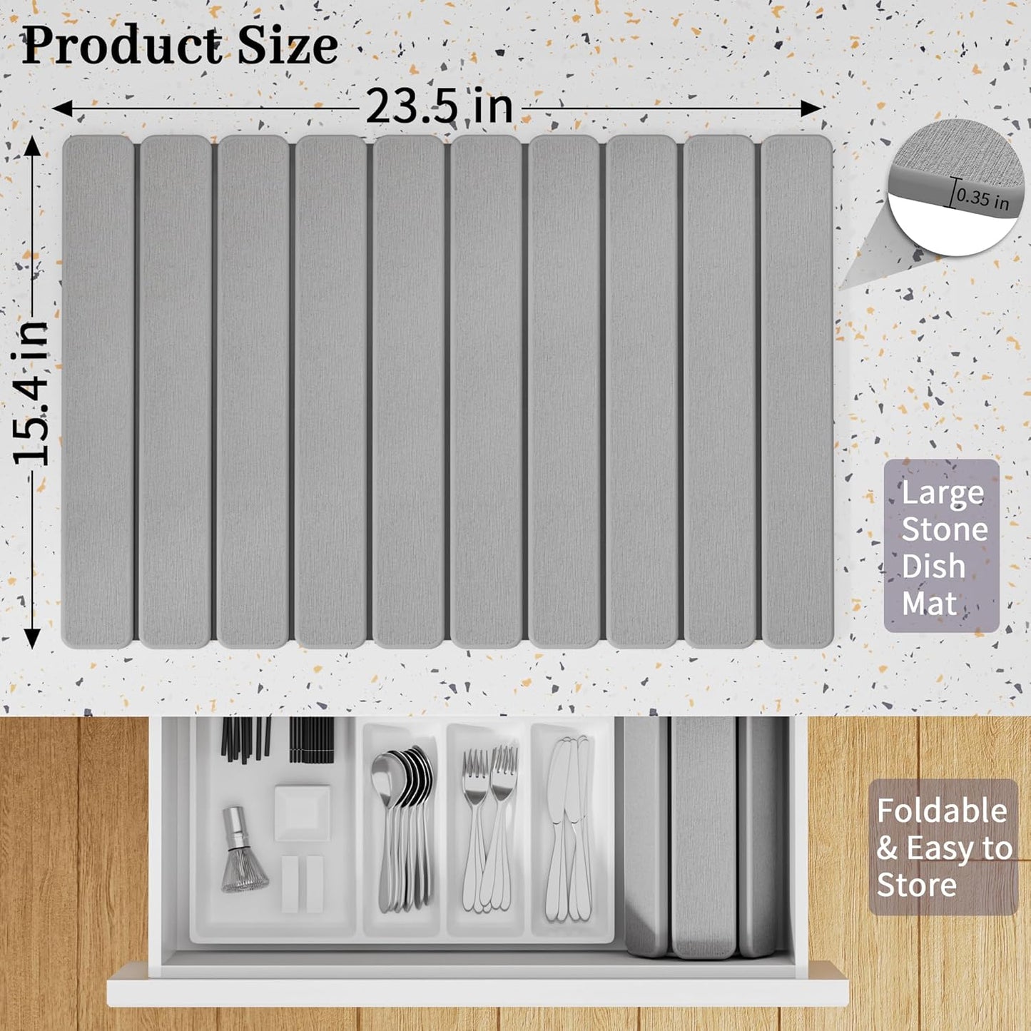 Large Stone Dish Drying Mats for Kitchen Counter – Foldable Quick Dry Stone Mat with Non-Slip Pad & Sandpaper, Super Absorbent Diatomaceous Earth Mat for Dishes and Cups(Ligh Gray 23.5"x15.5")