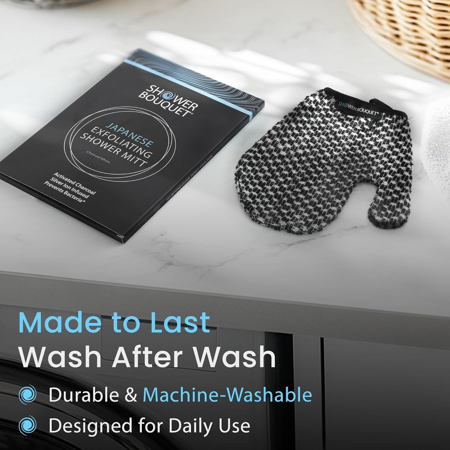 Japanese Exfoliating Mitt 2-Pack - Charcoal & Silver Ion Exfoliating Gloves for Shower - Soft Inner Fabric Gentle Exfoliation & Deep Cleansing Body Scrub Gloves for All Skin Types - 2 White