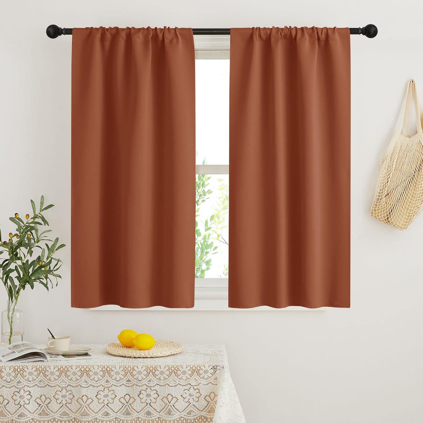 RYB HOME Orange Short Curtains Blackout, 45 inch Durable Cafe Curtains Room Darkening Window Drapes Privacy Protection for Basement Closet Kithen, W29 x L45 inch, 2 Panels