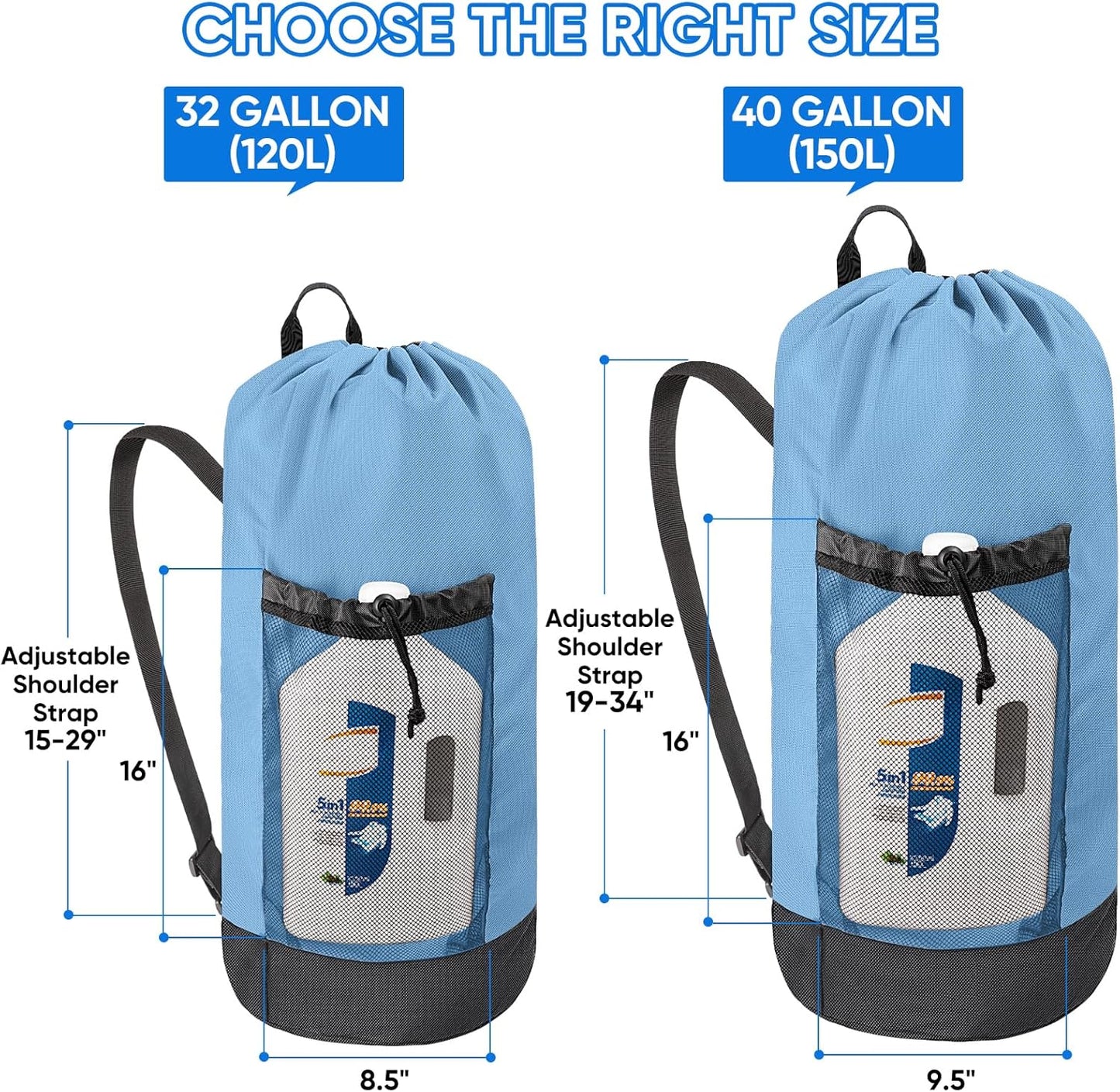 BALEINE 150L Laundry Bag Backpack, 900D Oxford Fabric Large Travel Laundry Bags with Shoulder Straps and 2 Mesh Pockets for College Dorm, Apartment, Laundromat (Blue, 150L)